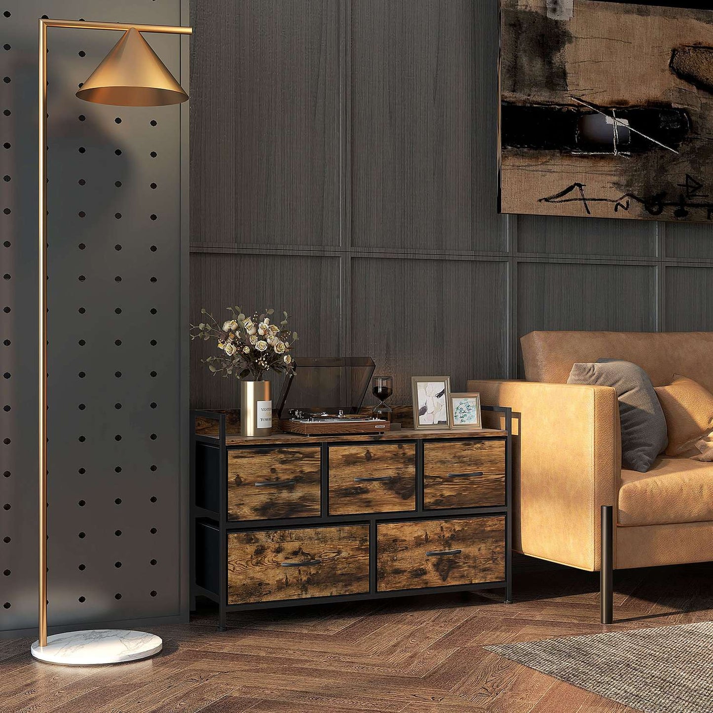 Rustic Brown Fabric Chest of 5 Drawers - Industrial Storage