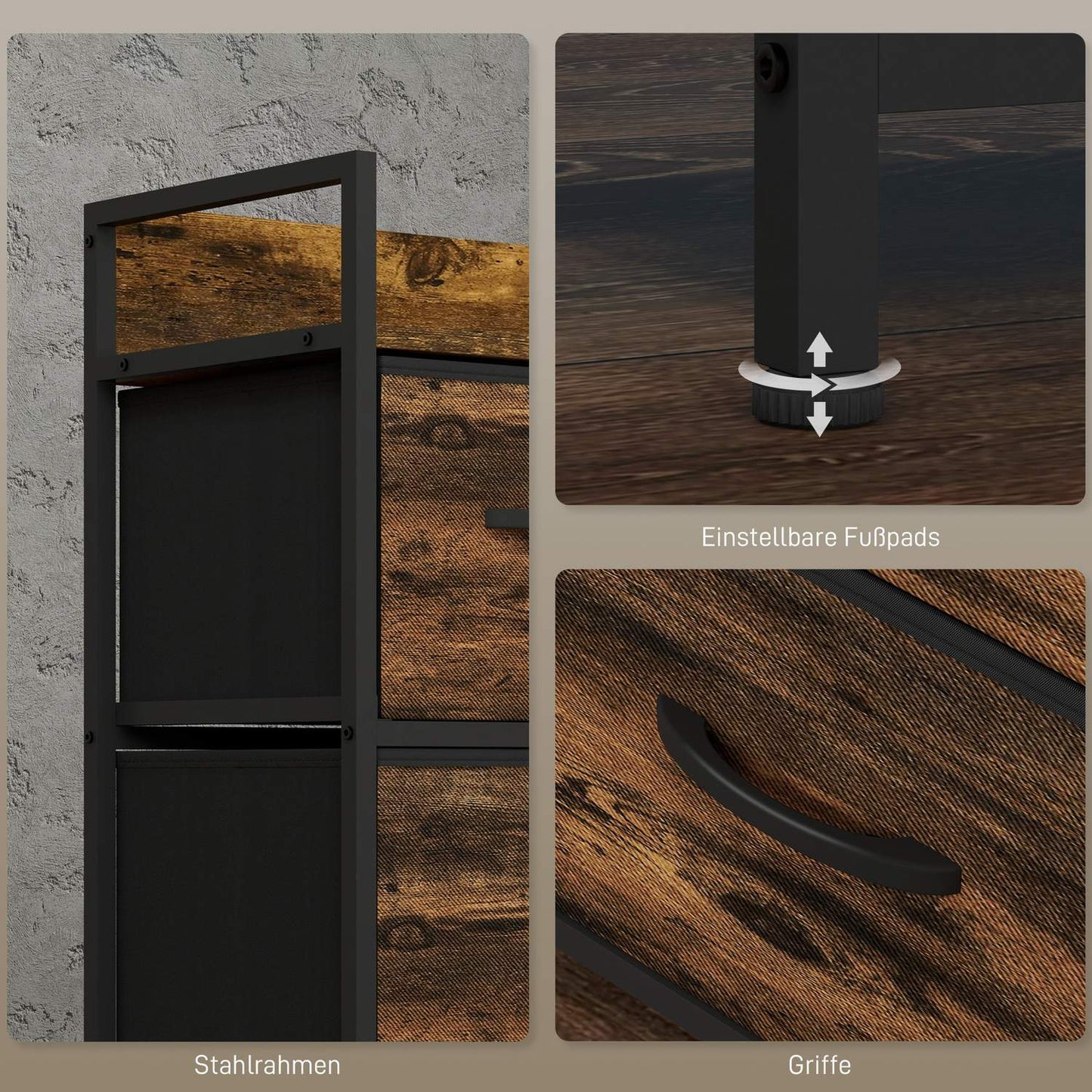 Rustic Brown Fabric Chest of 5 Drawers - Industrial Storage