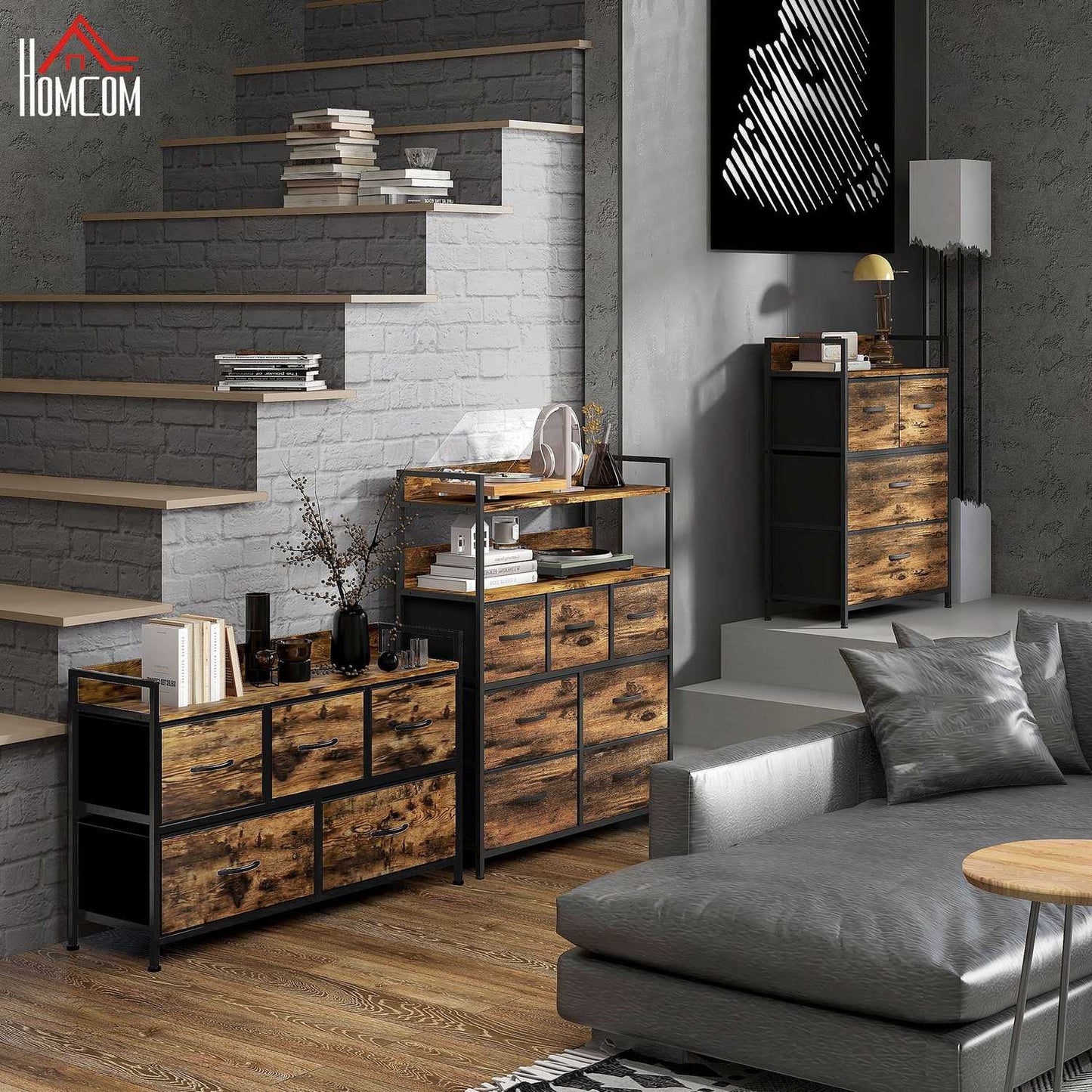 Rustic Brown Fabric Chest of 5 Drawers - Industrial Storage