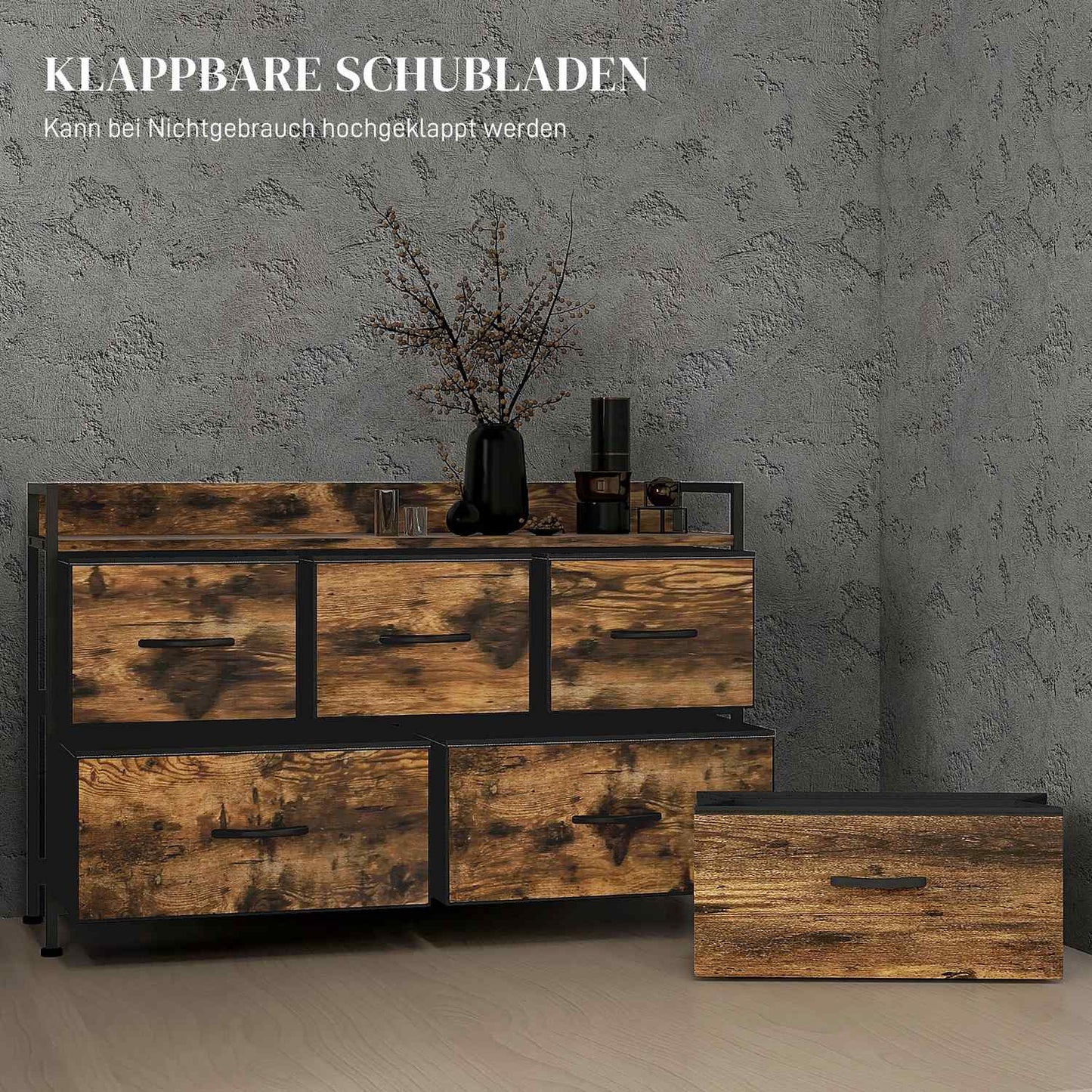 Rustic Brown Fabric Chest of 5 Drawers - Industrial Storage