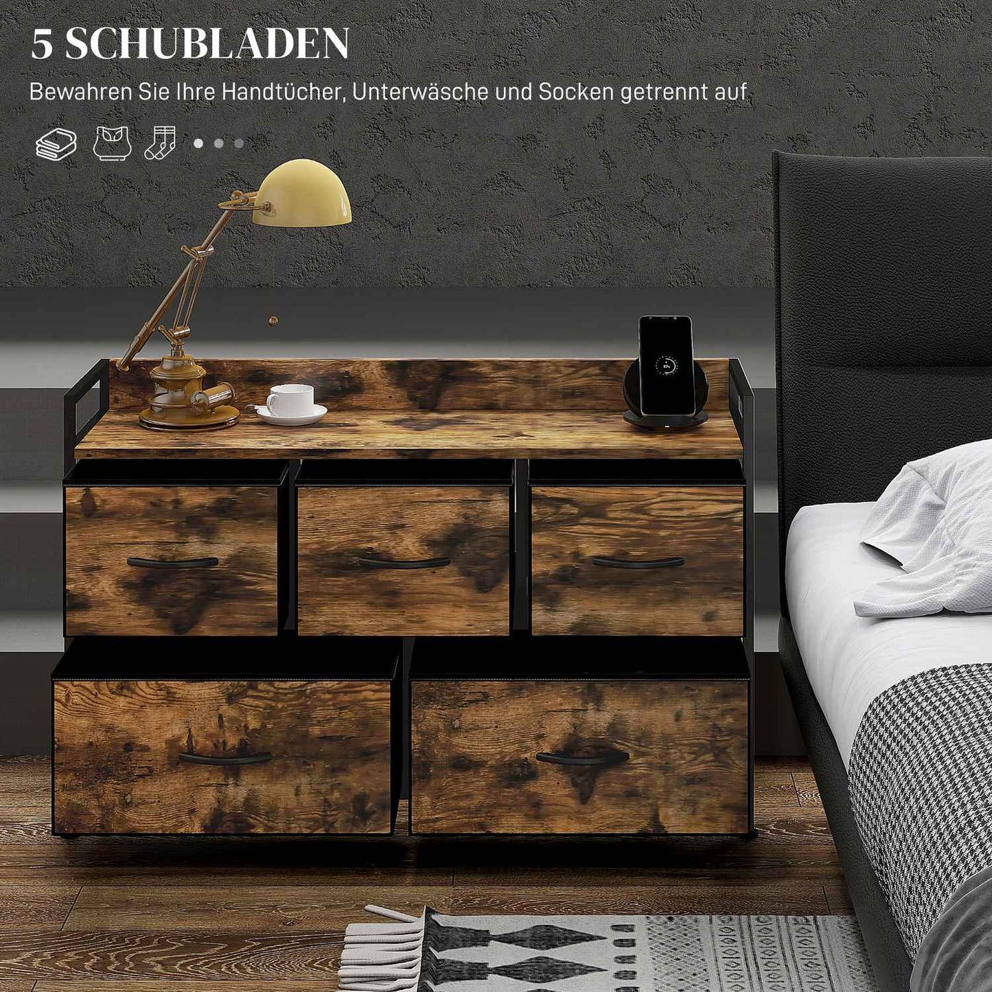 Rustic Brown Fabric Chest of 5 Drawers - Industrial Storage