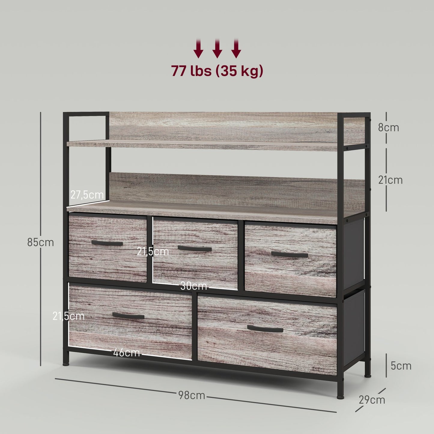 Fabric storage cabinet with 5 drawers and 2 shelves, grey