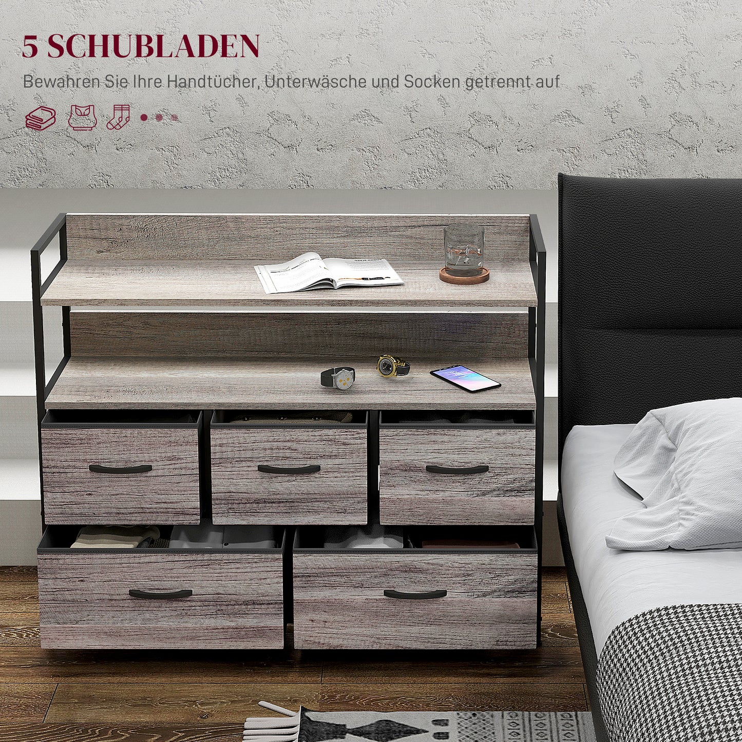 Fabric storage cabinet with 5 drawers and 2 shelves, grey