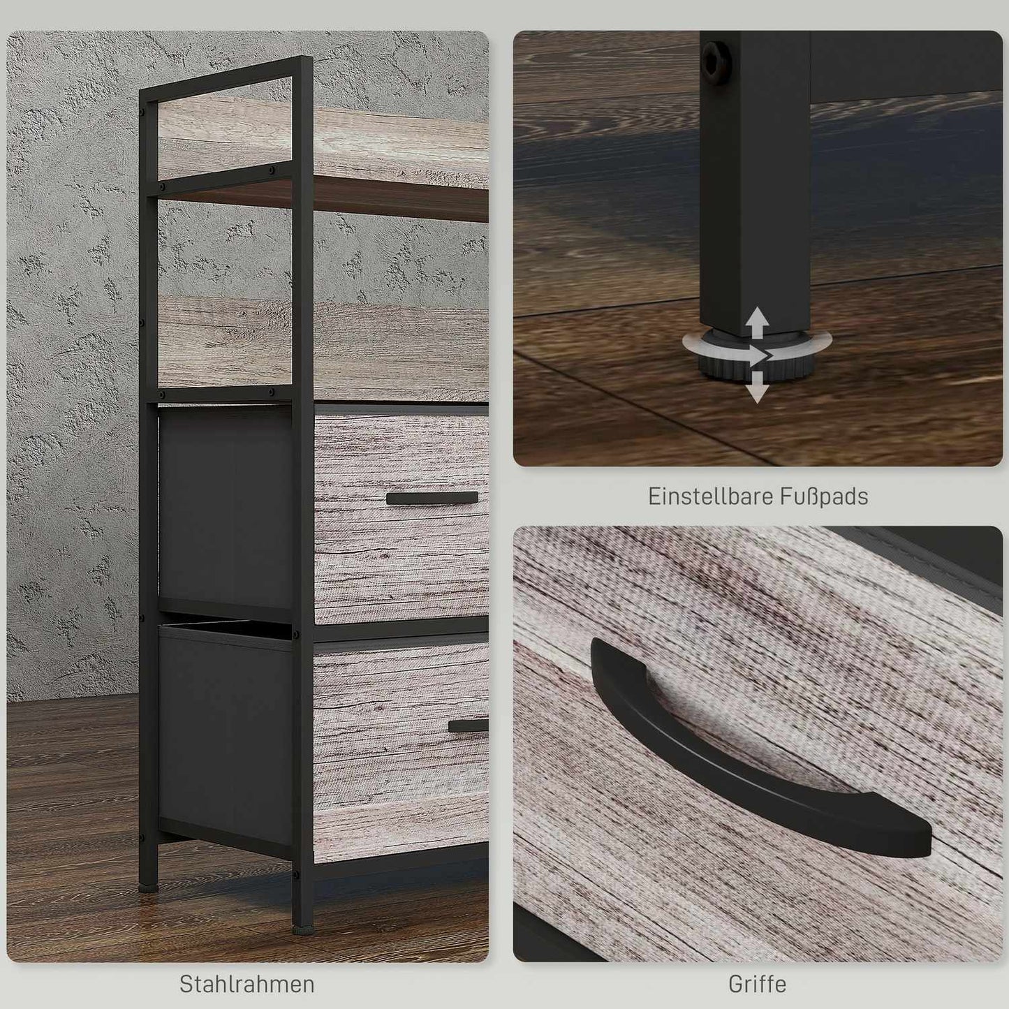 Fabric storage cabinet with 5 drawers and 2 shelves, grey