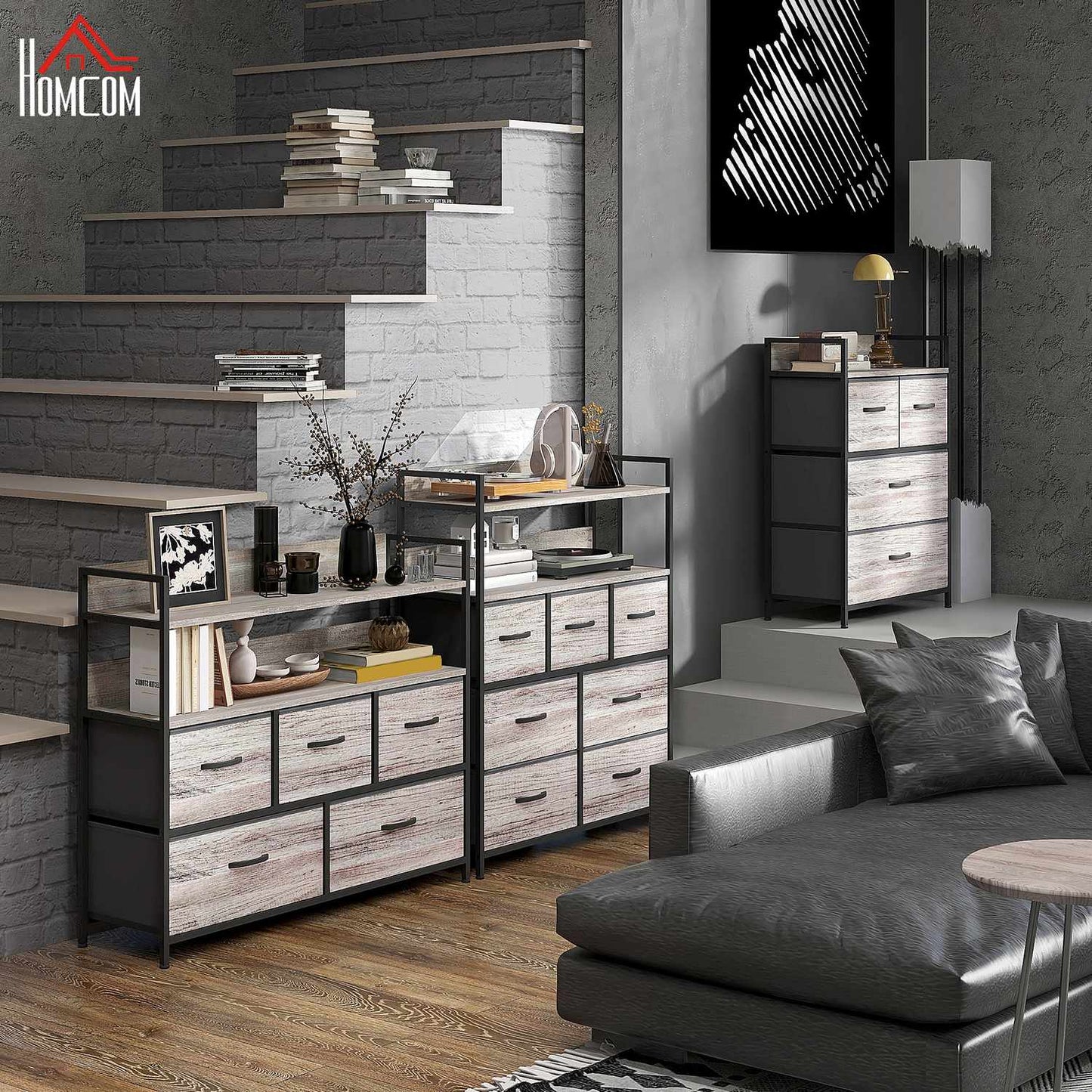 Fabric storage cabinet with 5 drawers and 2 shelves, grey