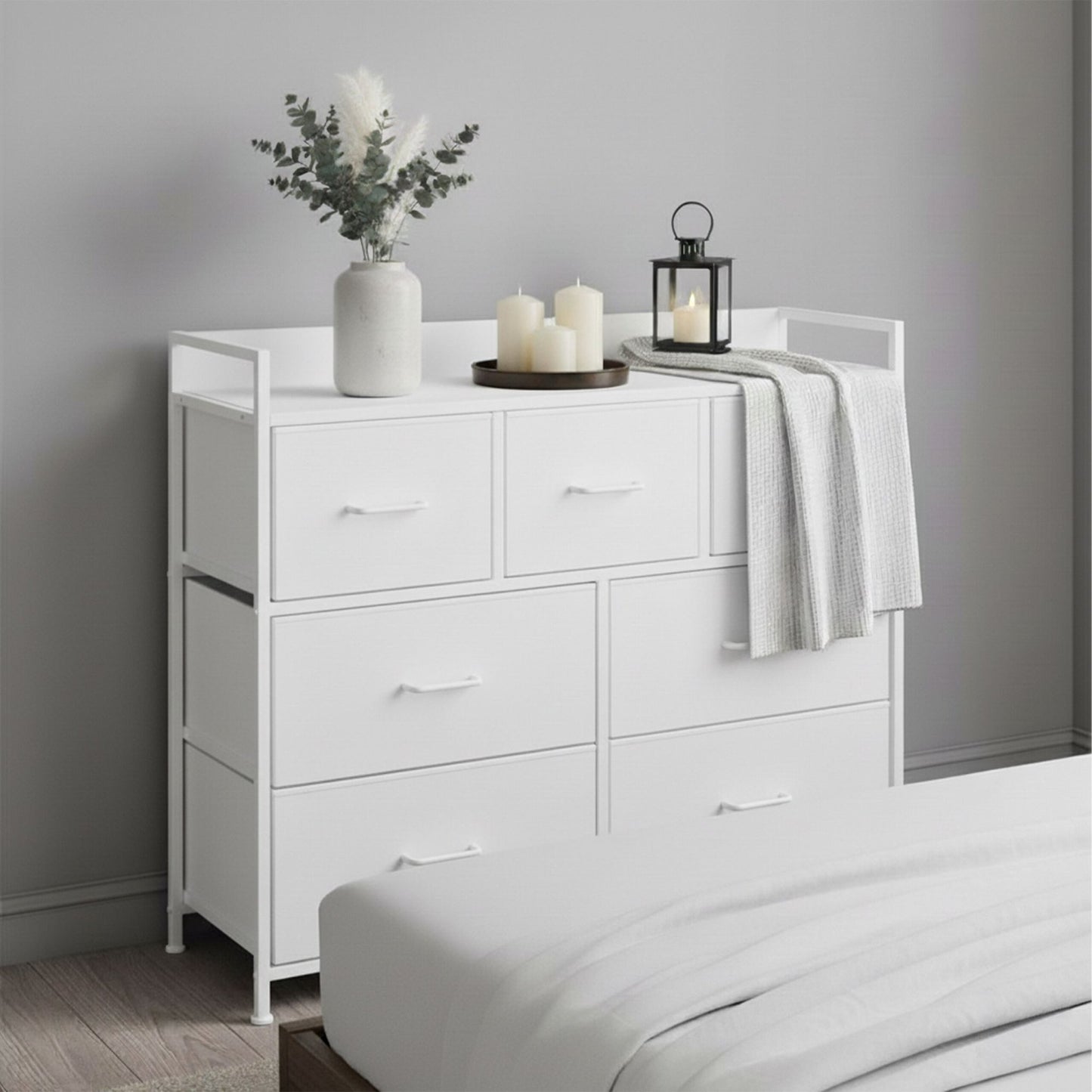 Chest of Drawers, 7 Fabric Bins, Metal & MDF