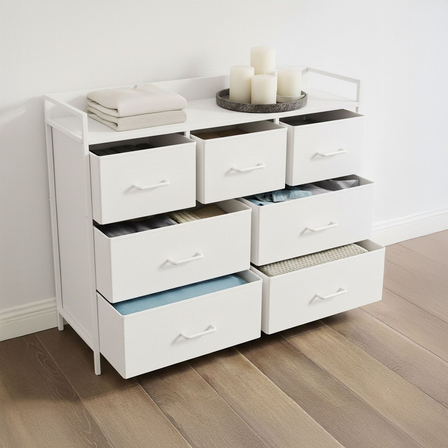 Chest of Drawers, 7 Fabric Bins, Metal & MDF