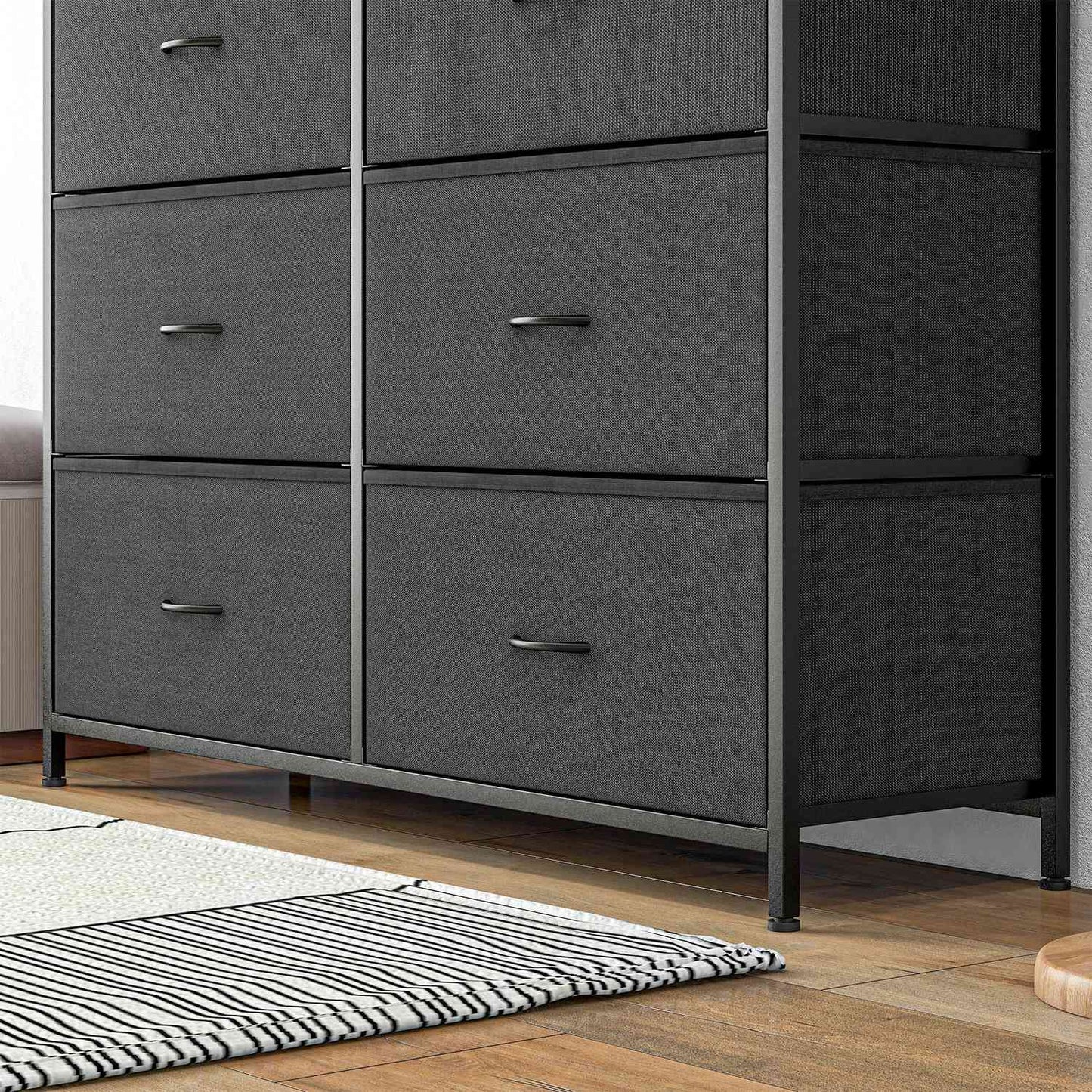 Chest of drawers, 10 fabric drawers, black steel frame