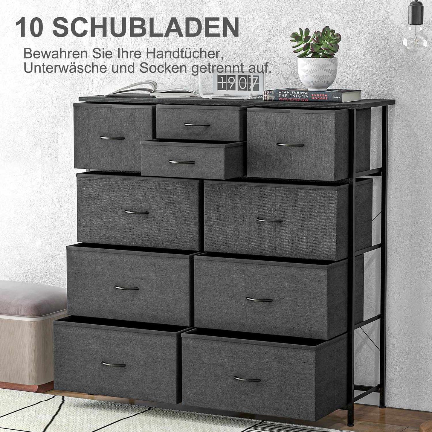 Chest of drawers, 10 fabric drawers, black steel frame
