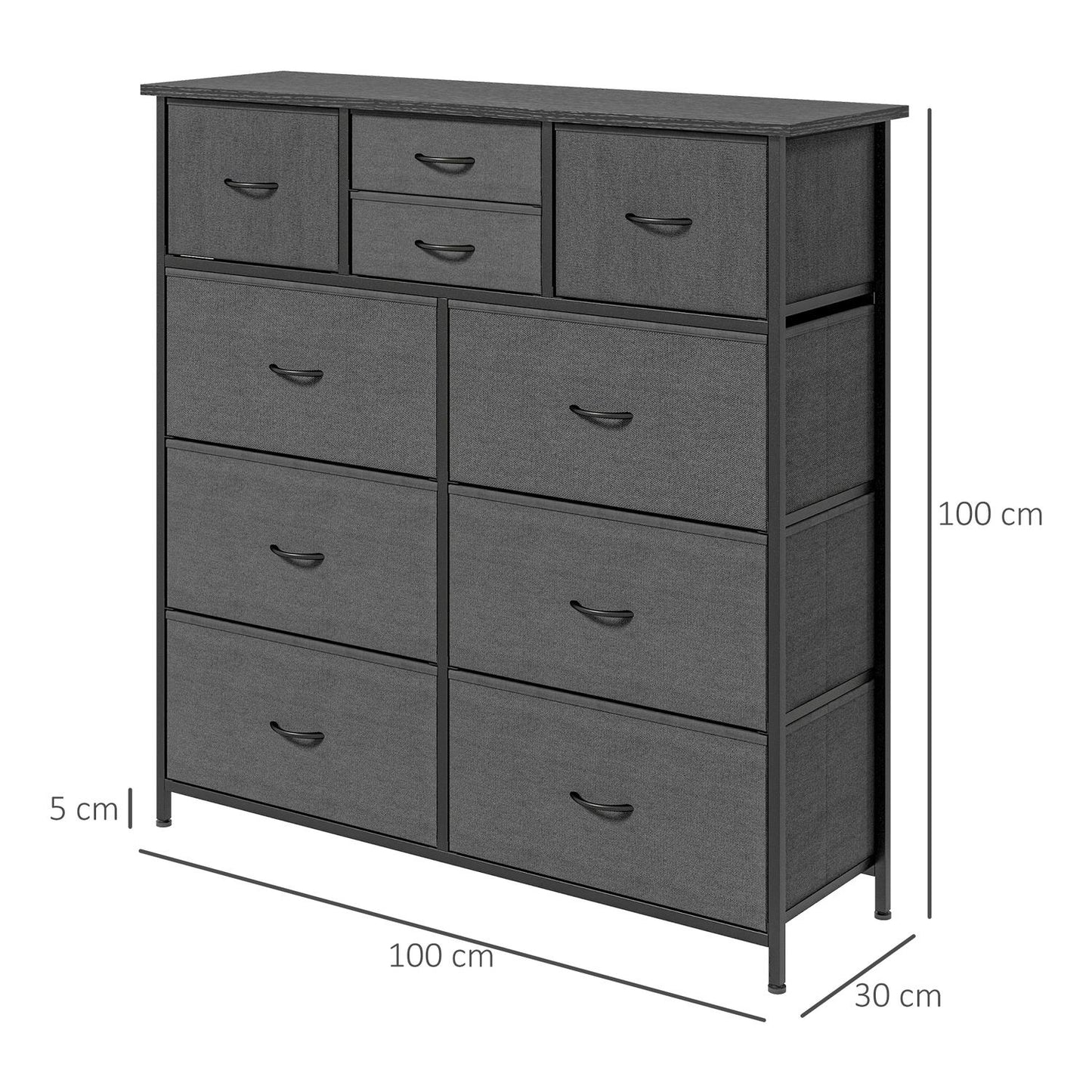Chest of drawers, 10 fabric drawers, black steel frame