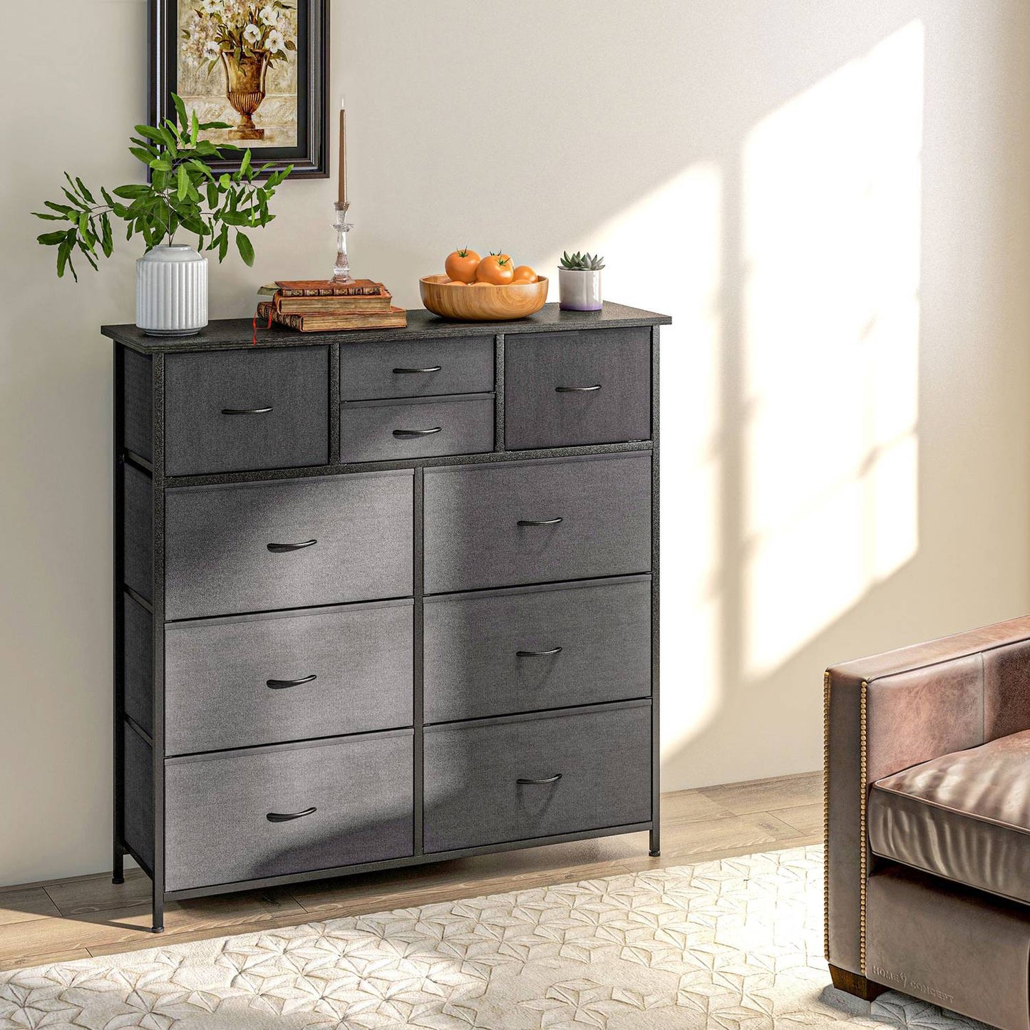 Chest of drawers, 10 fabric drawers, black steel frame