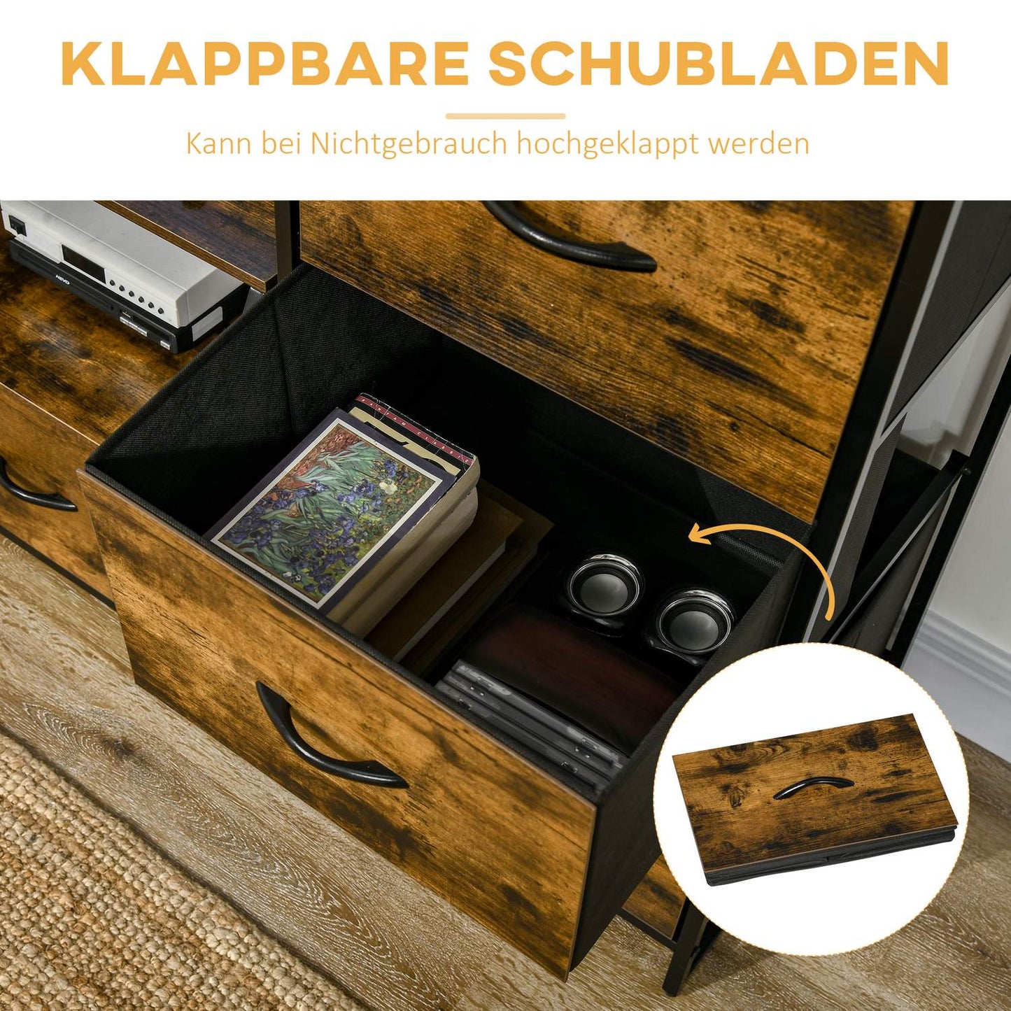 Chest of drawers, 3 fabric drawers, 2 shelves, Rustic brown