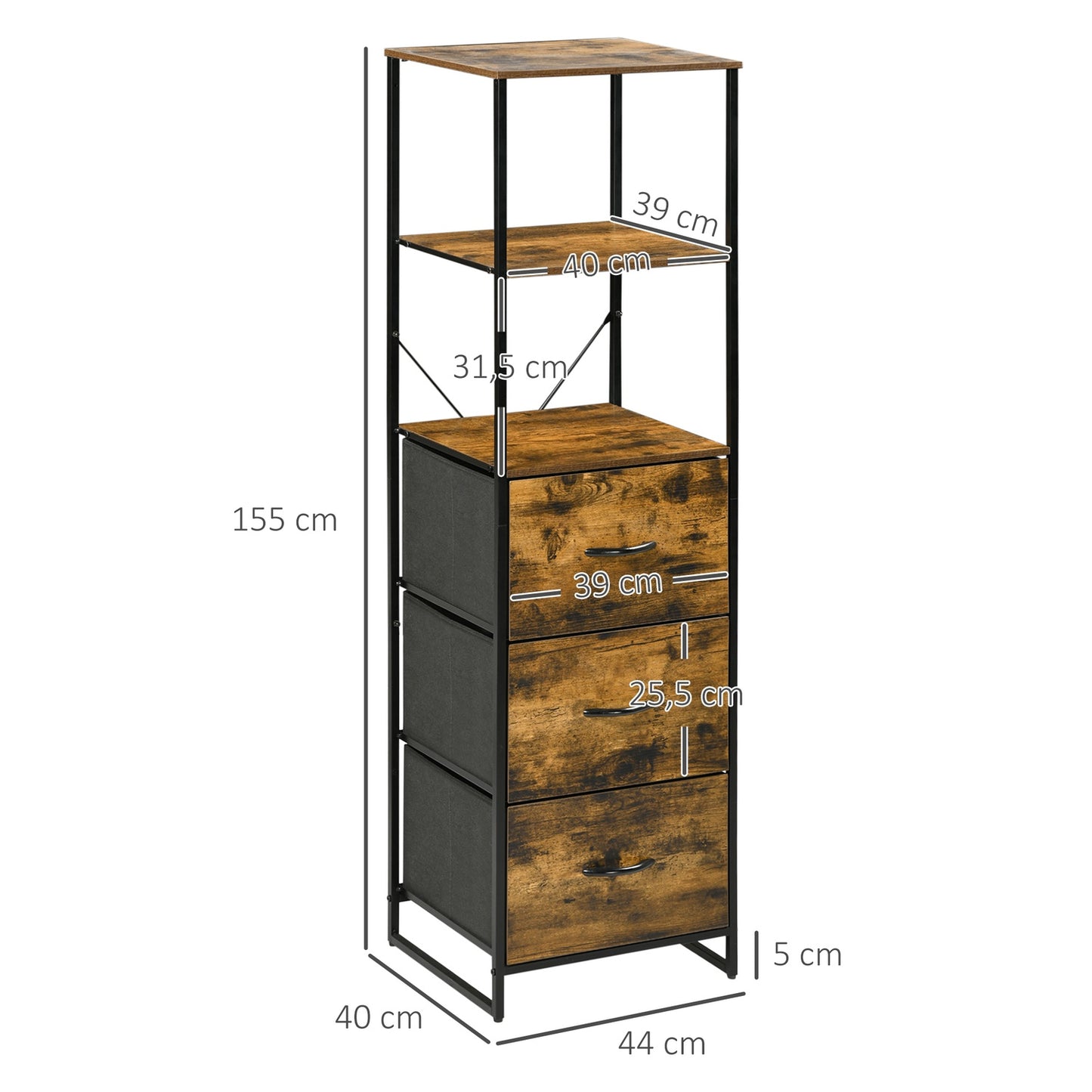 Chest of drawers, 3 fabric drawers, 2 shelves, Rustic brown