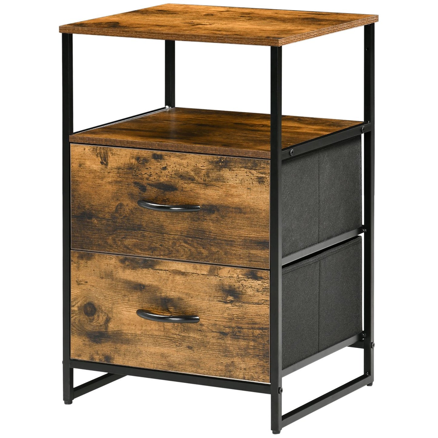 Rustic brown storage cabinet with fabric drawers