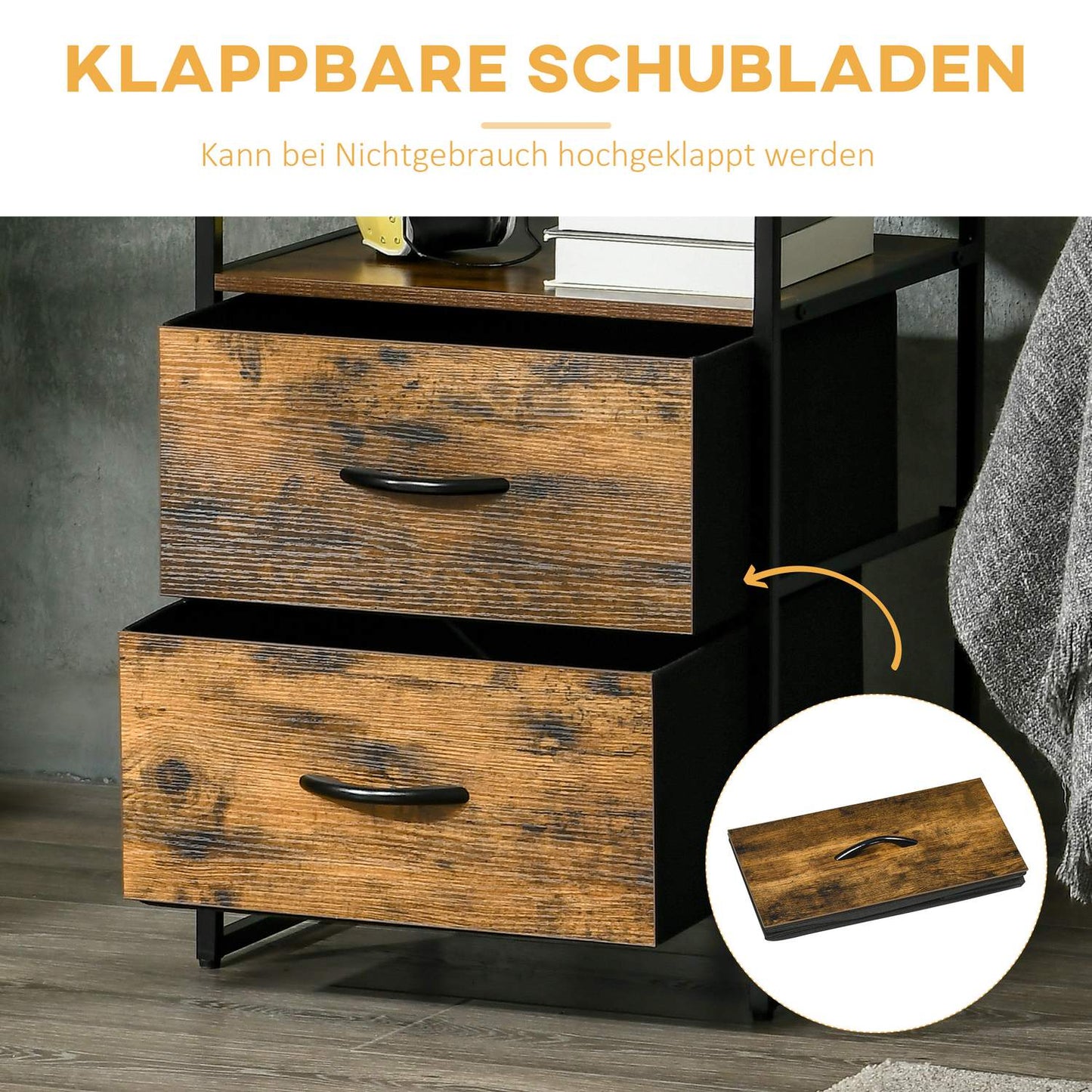 Rustic brown storage cabinet with fabric drawers