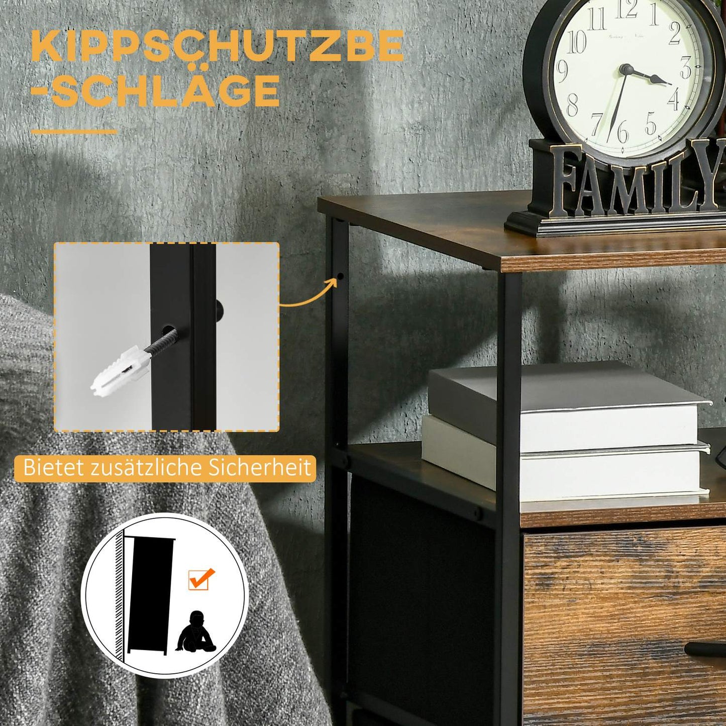 Rustic brown storage cabinet with fabric drawers