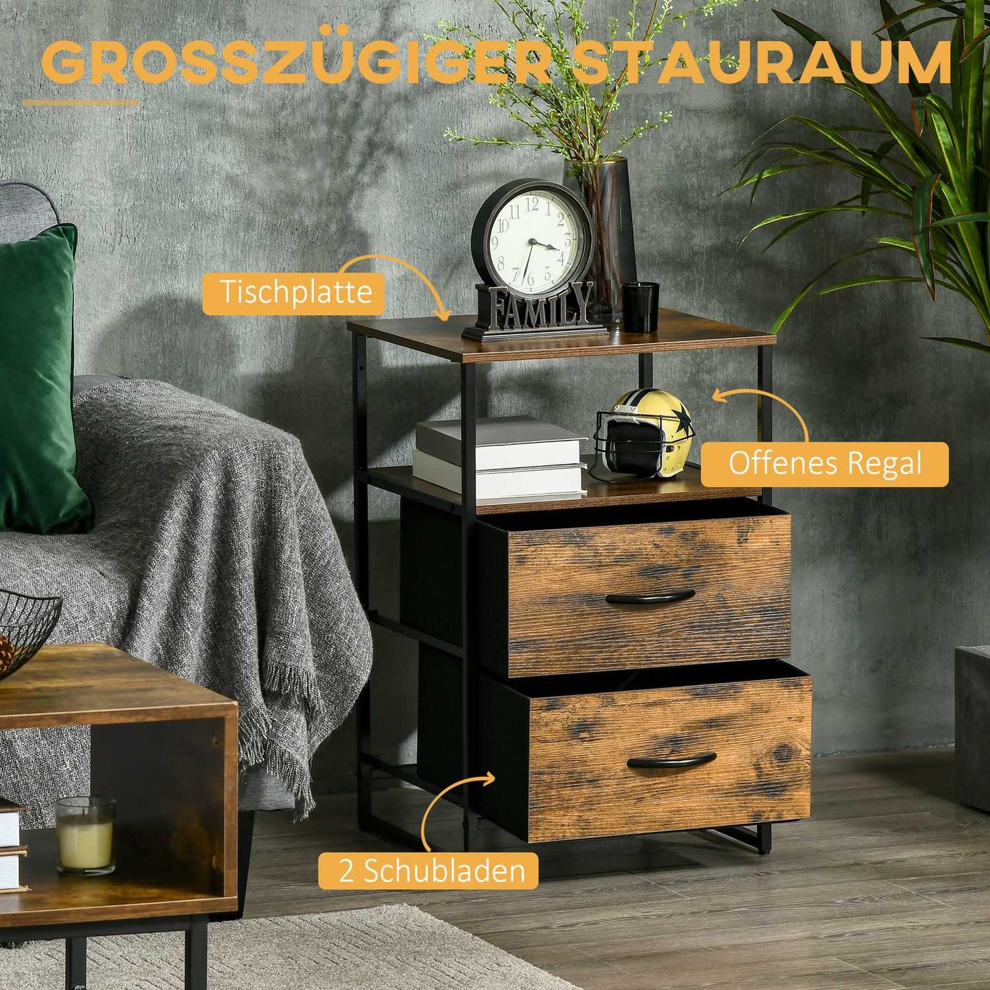 Rustic brown storage cabinet with fabric drawers