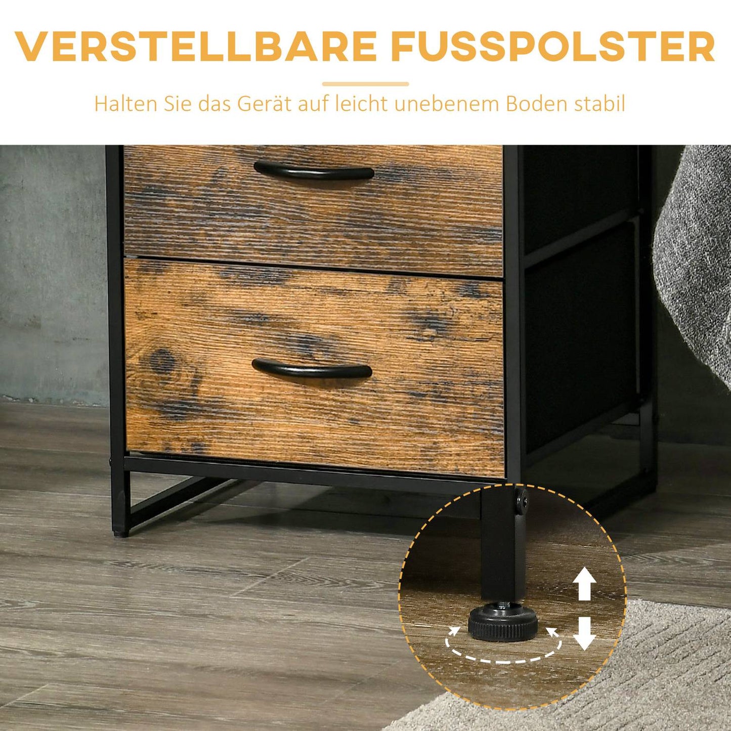 Rustic brown storage cabinet with fabric drawers