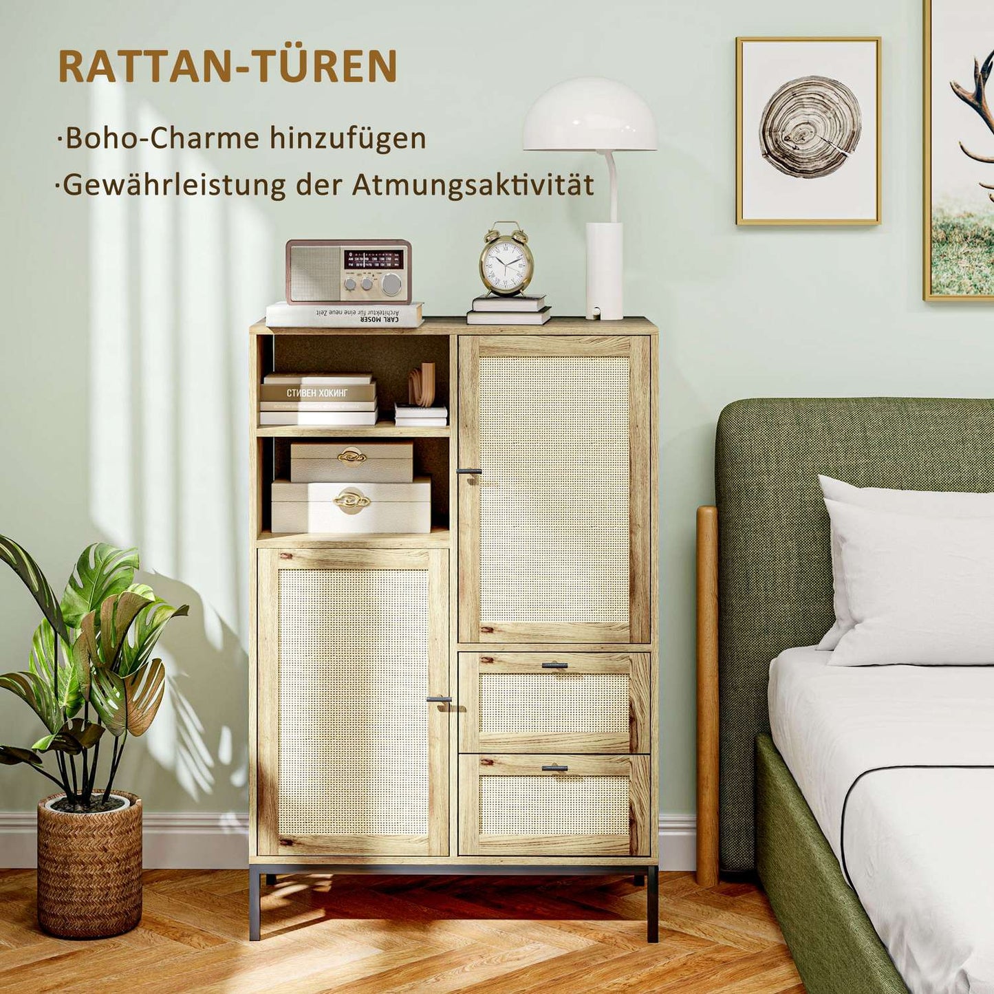 Rattan storage cabinet with drawers and adjustable shelves