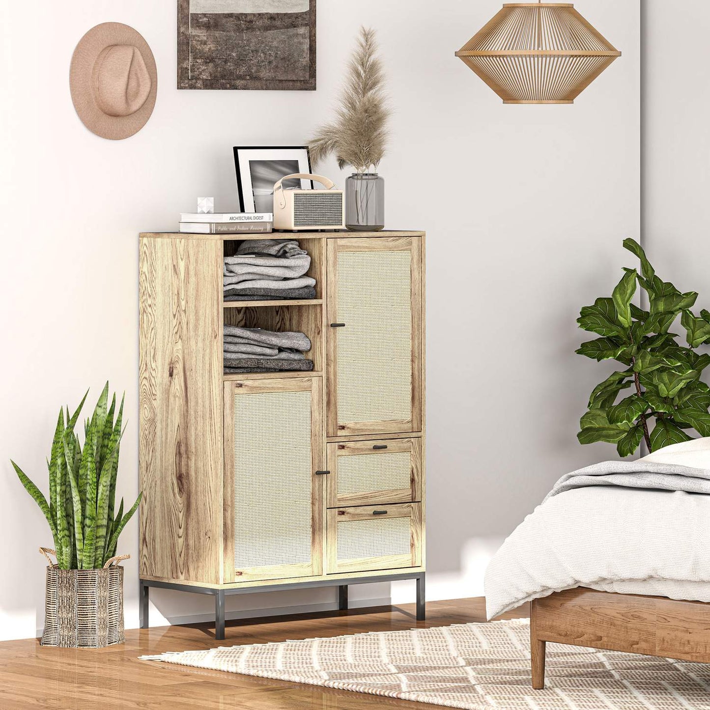 Rattan storage cabinet with drawers and adjustable shelves