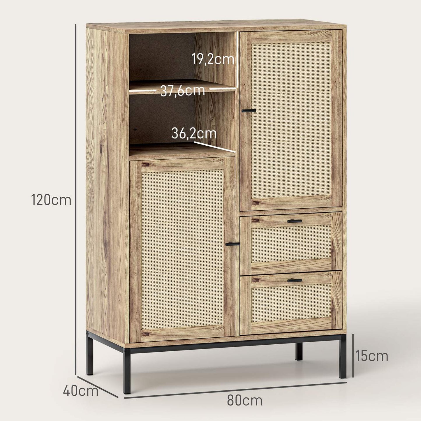 Rattan storage cabinet with drawers and adjustable shelves