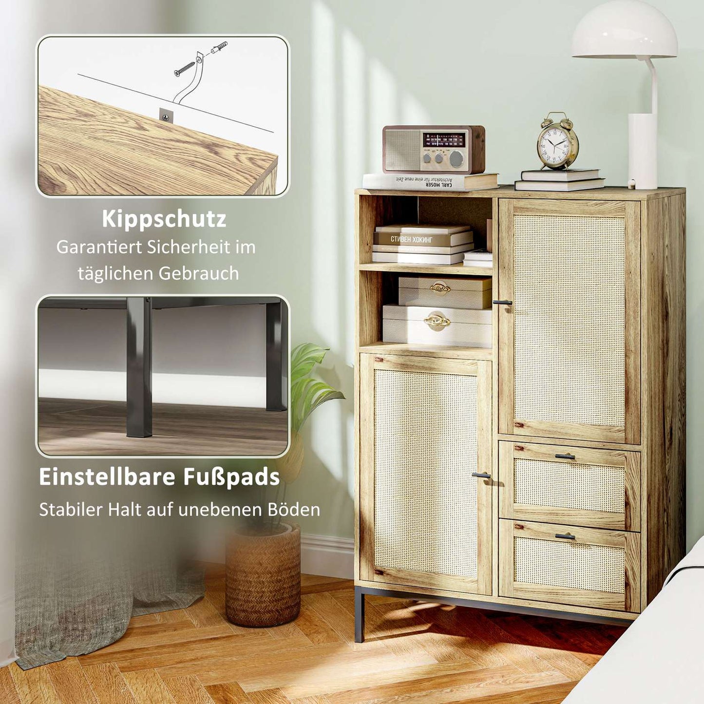 Rattan storage cabinet with drawers and adjustable shelves