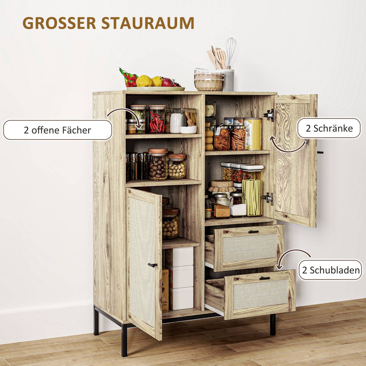 Rattan storage cabinet with drawers and adjustable shelves