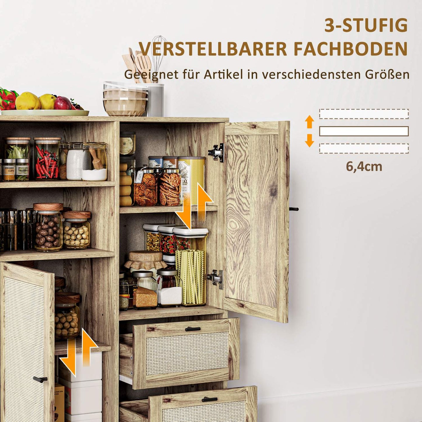Rattan storage cabinet with drawers and adjustable shelves