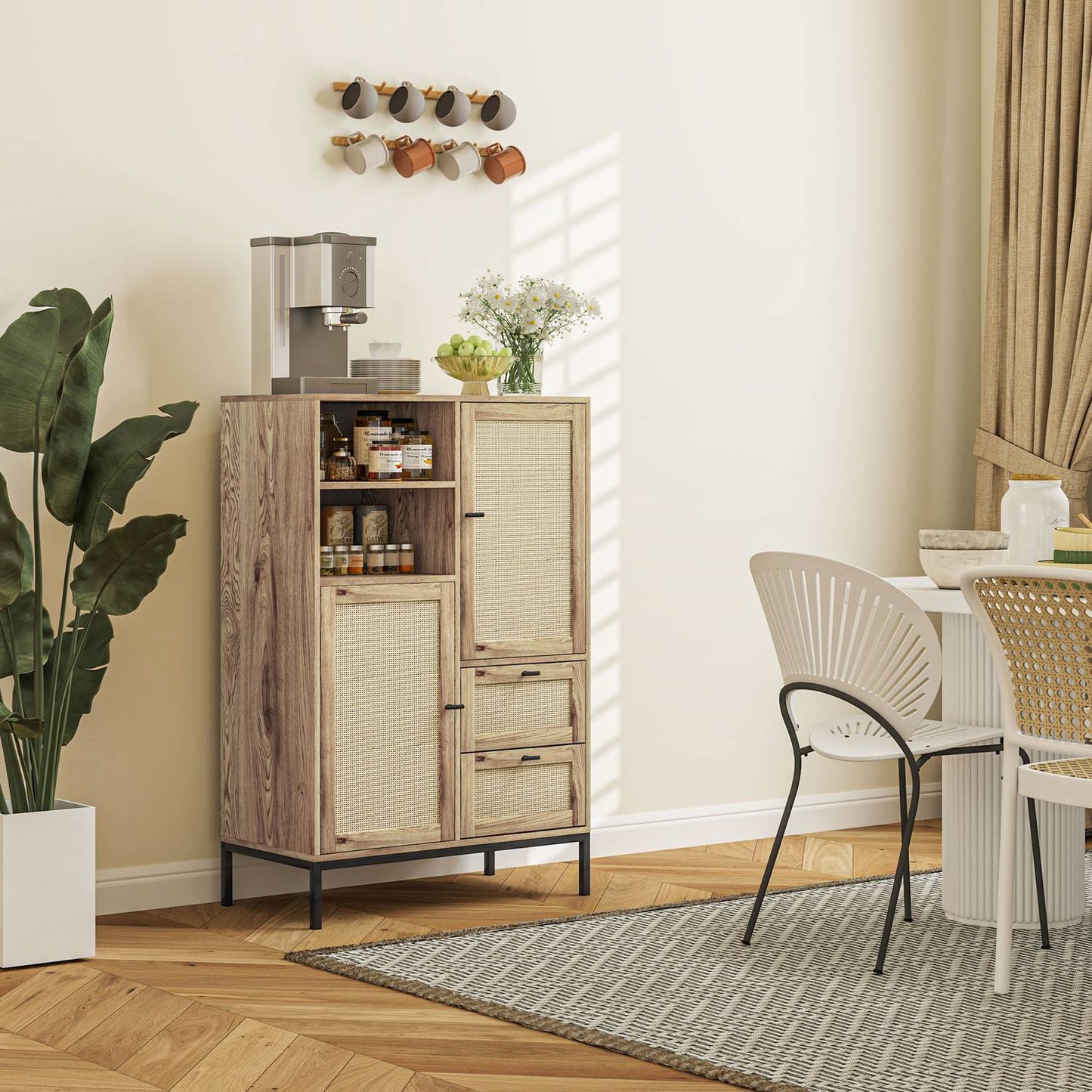Rattan storage cabinet with drawers and adjustable shelves