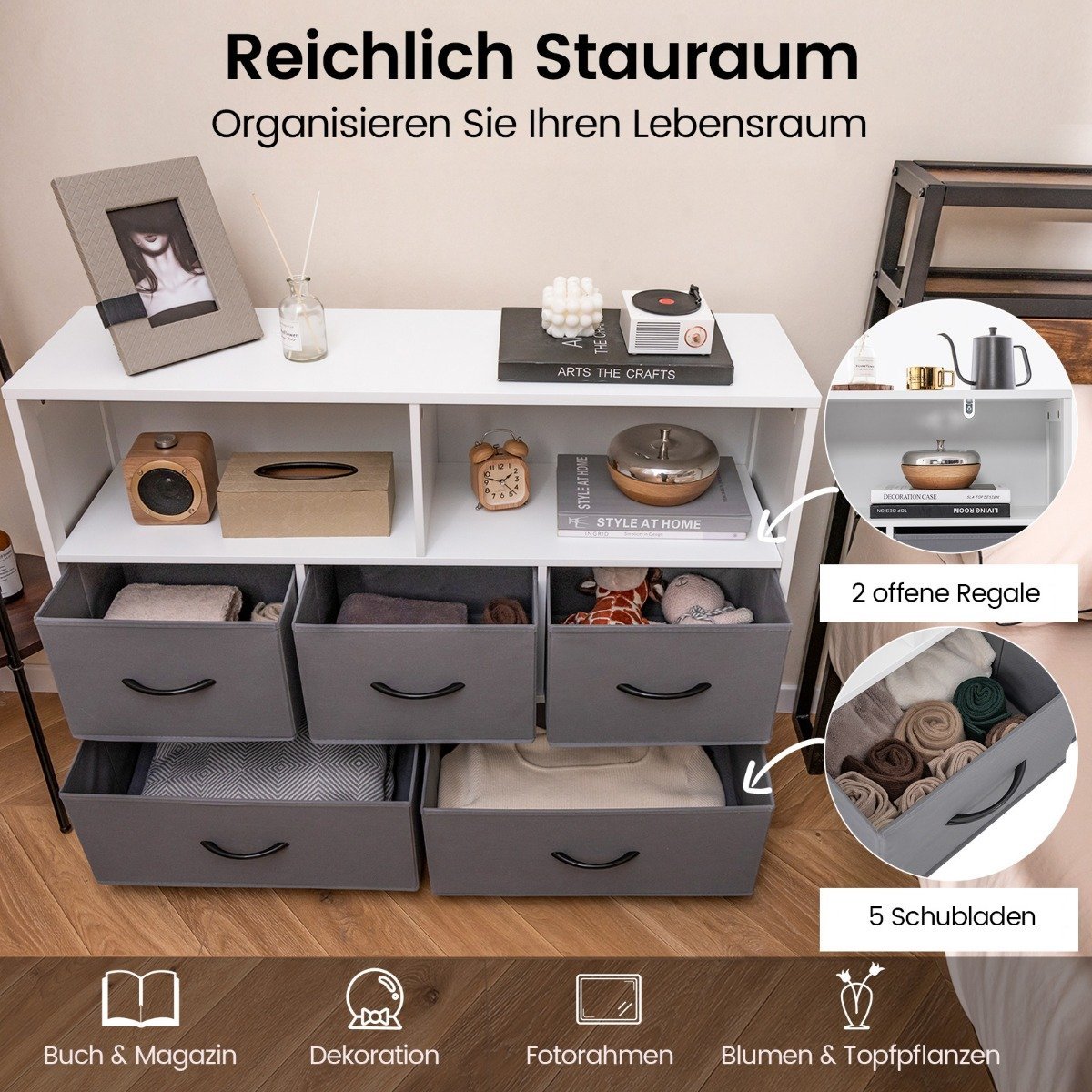 Chest of Drawers with 5 Drawers and Open Shelves, 100x30x78 cm