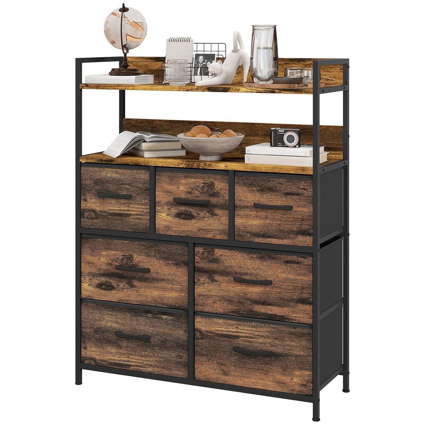 Rustic brown fabric box - 7 drawers, 2 shelves