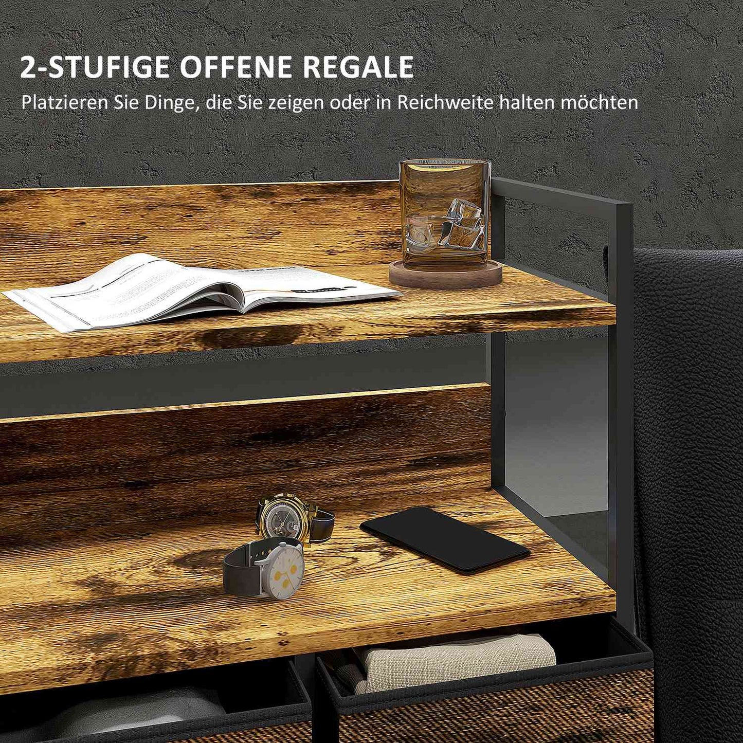 Rustic brown fabric box - 7 drawers, 2 shelves