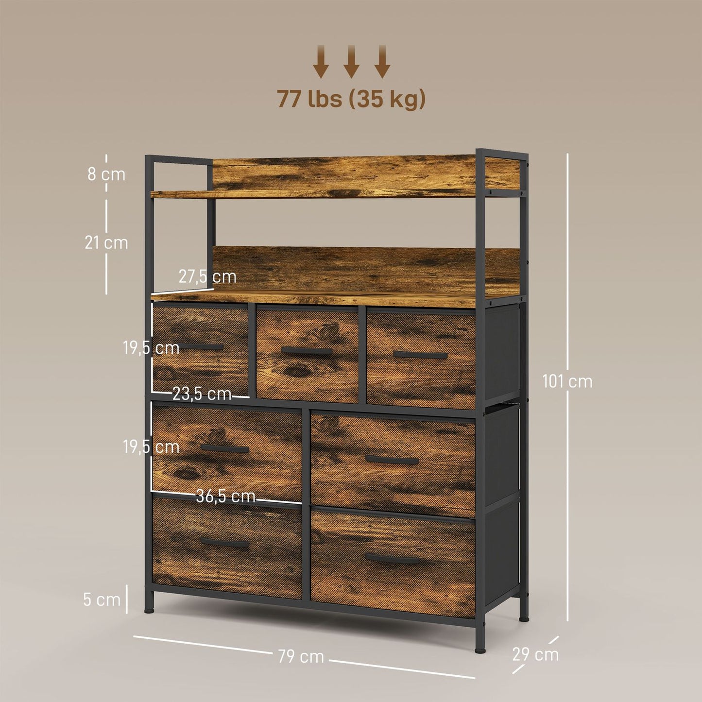 Rustic brown fabric box - 7 drawers, 2 shelves