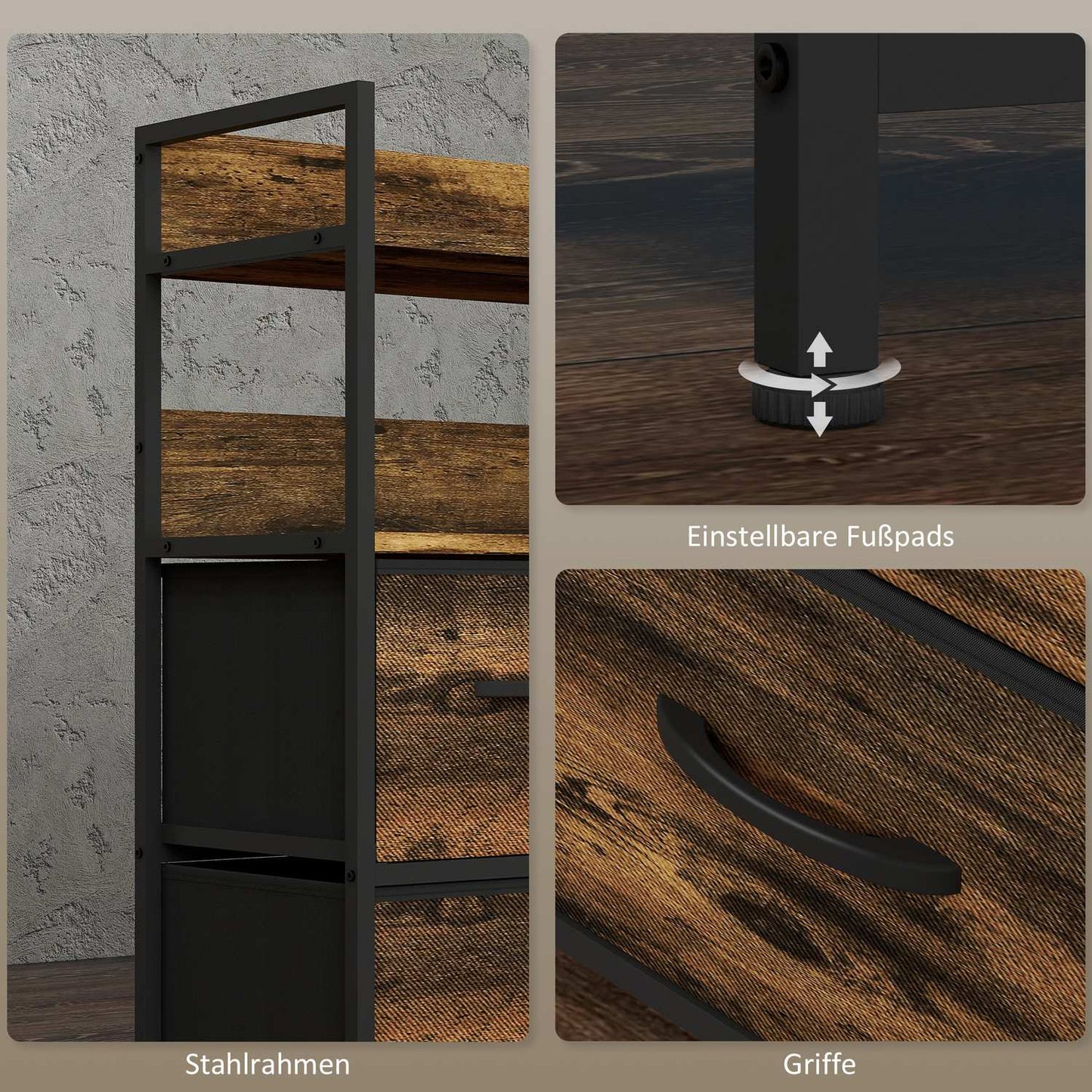 Rustic brown fabric box - 7 drawers, 2 shelves