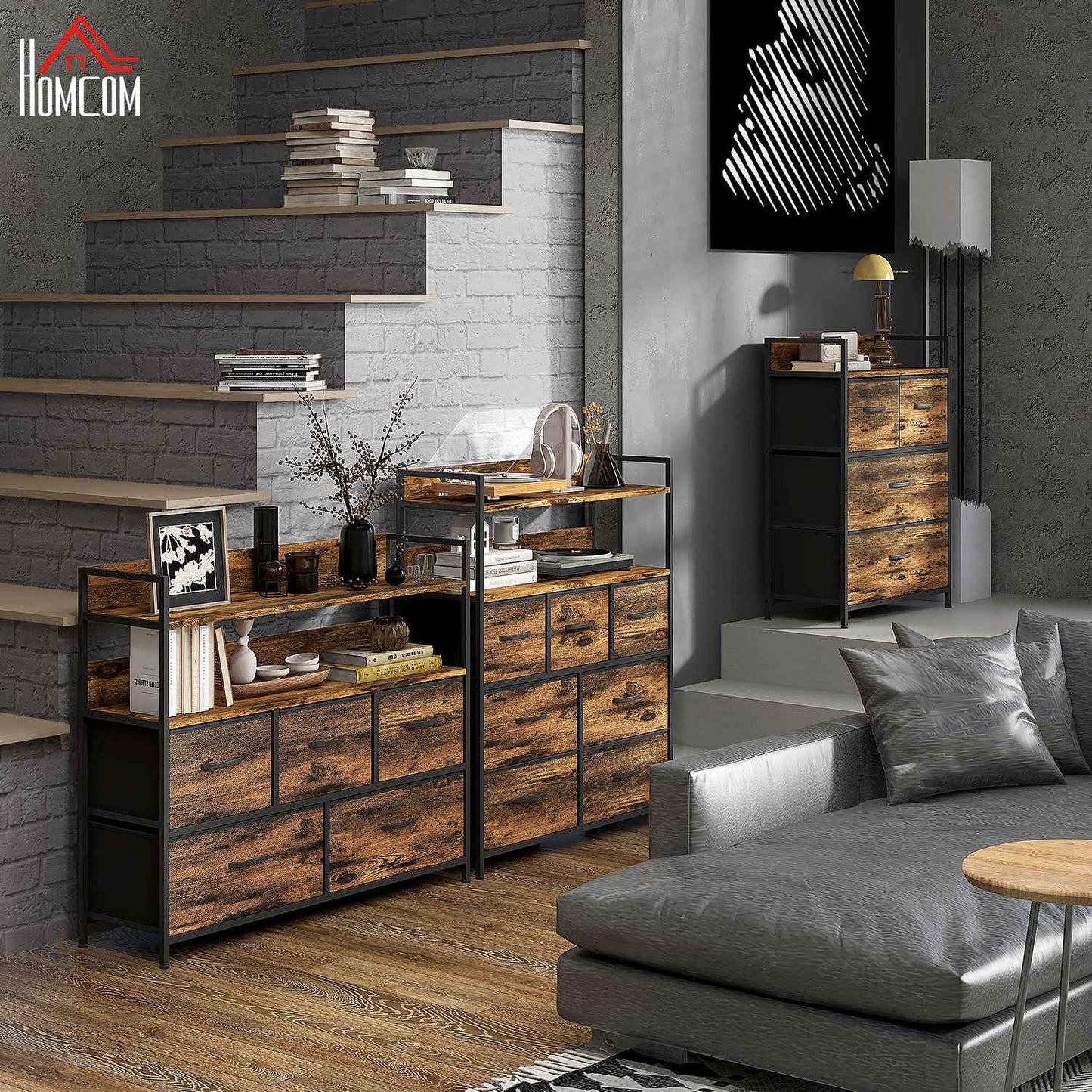 Rustic brown fabric box - 7 drawers, 2 shelves