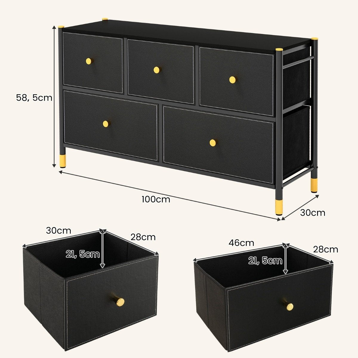 Chest of drawers for bedroom with 5 drawers wide fabric chest of drawers with metal frame 100 x 30 x 58.5 cm black