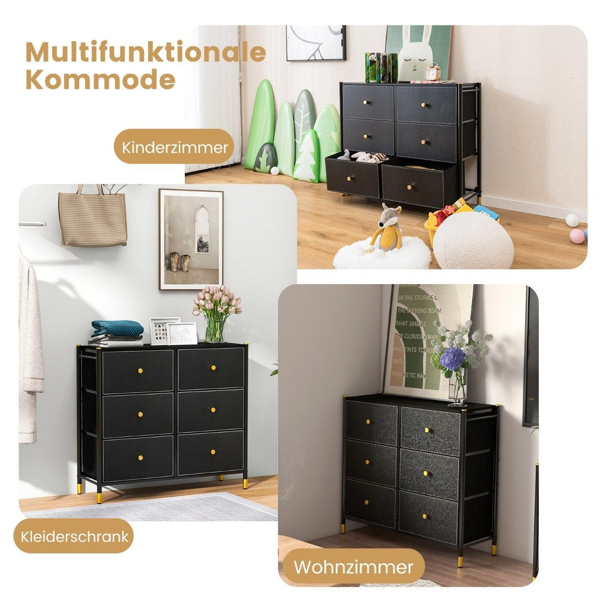 Chest of drawers for bedroom with 6 drawers high fabric chest of drawers with metal frame 89 x 30 x 76.5 cm black