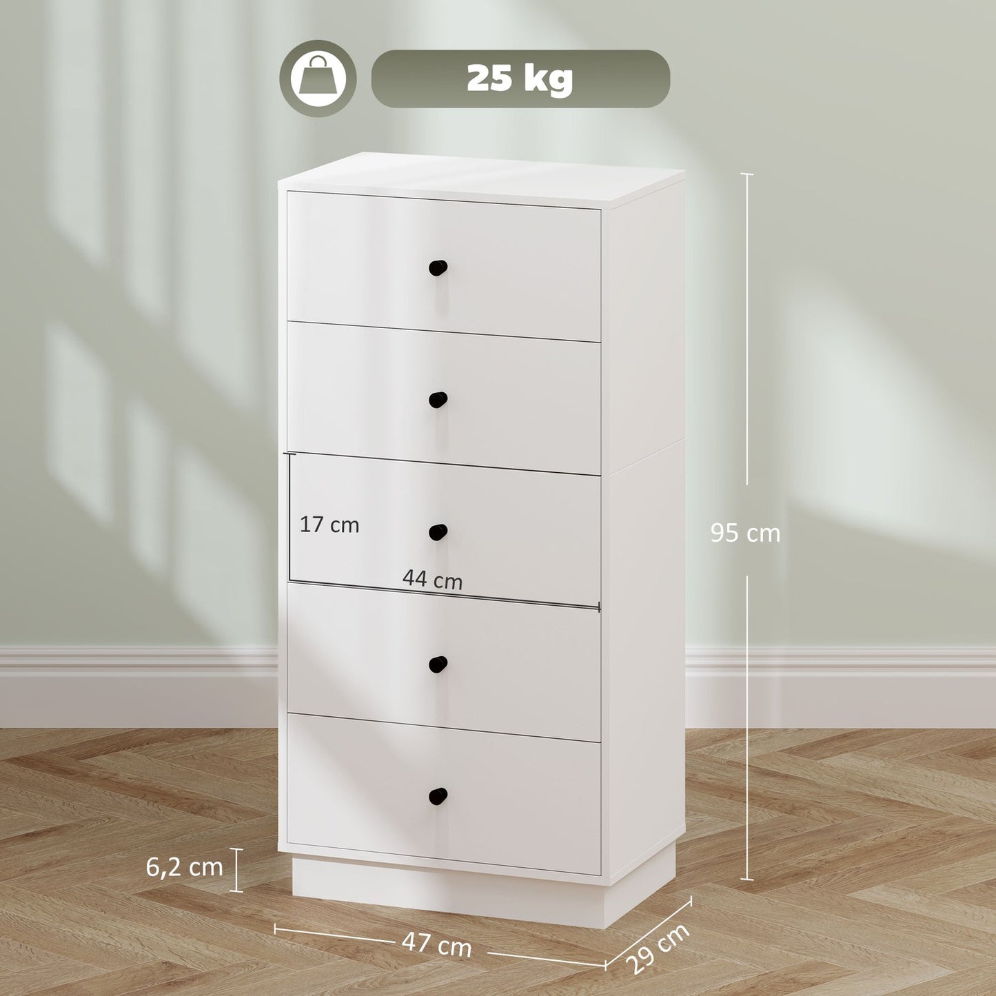 White wooden chest of drawers, storage cabinet with 5 drawers