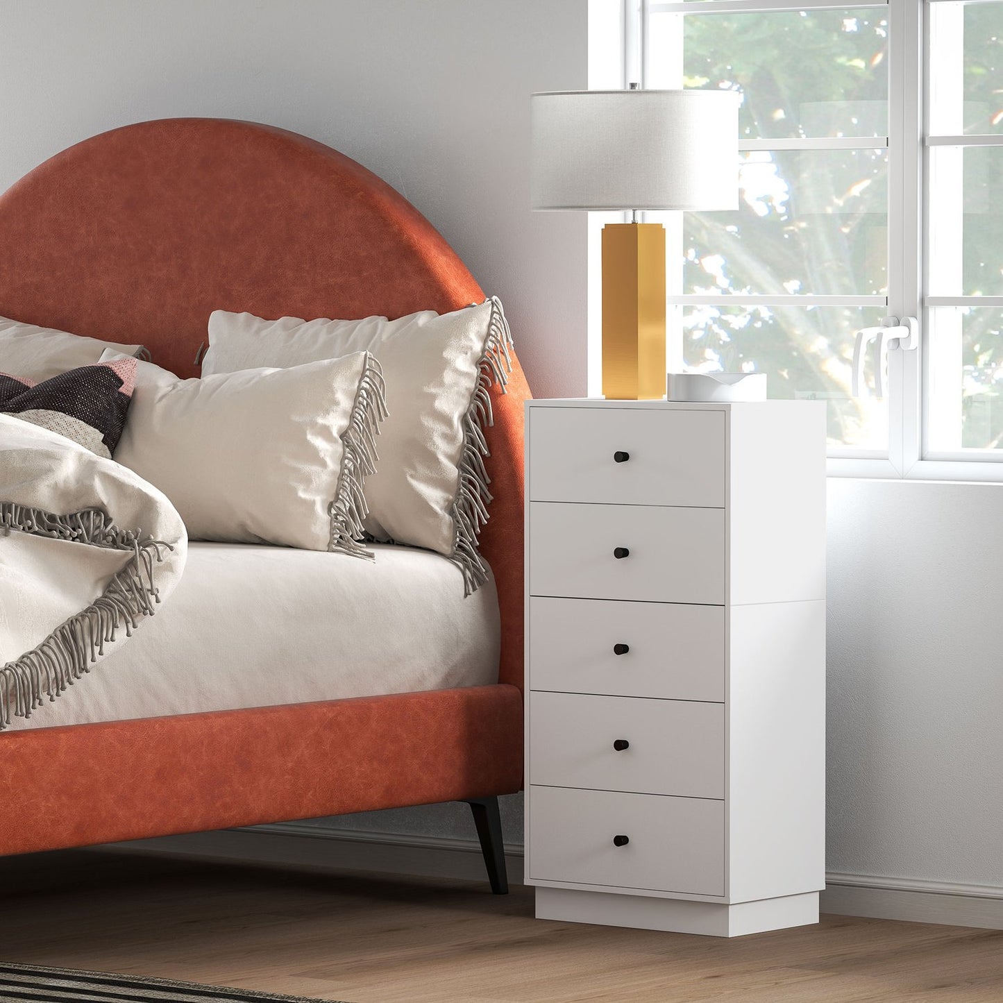White wooden chest of drawers, storage cabinet with 5 drawers
