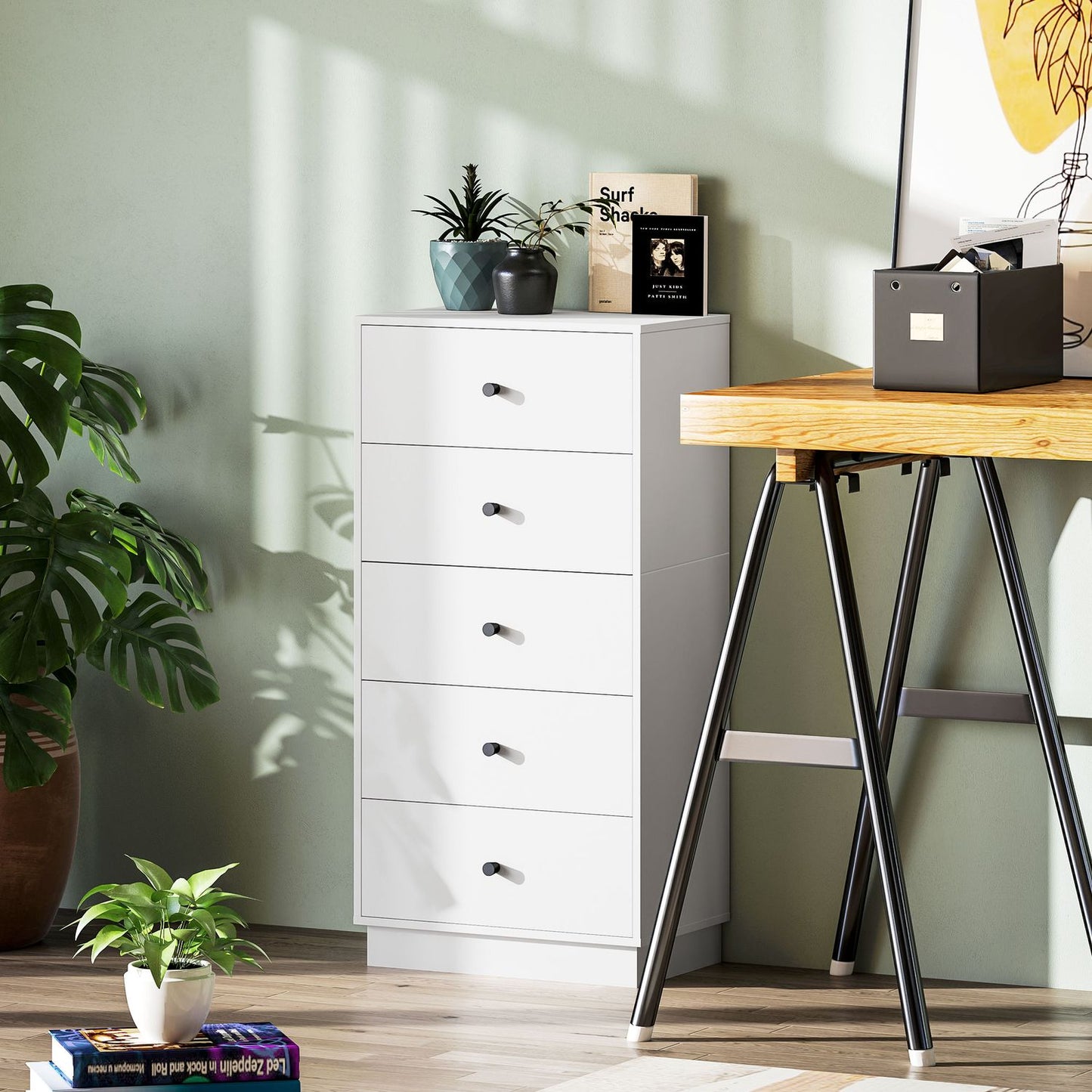 White wooden chest of drawers, storage cabinet with 5 drawers