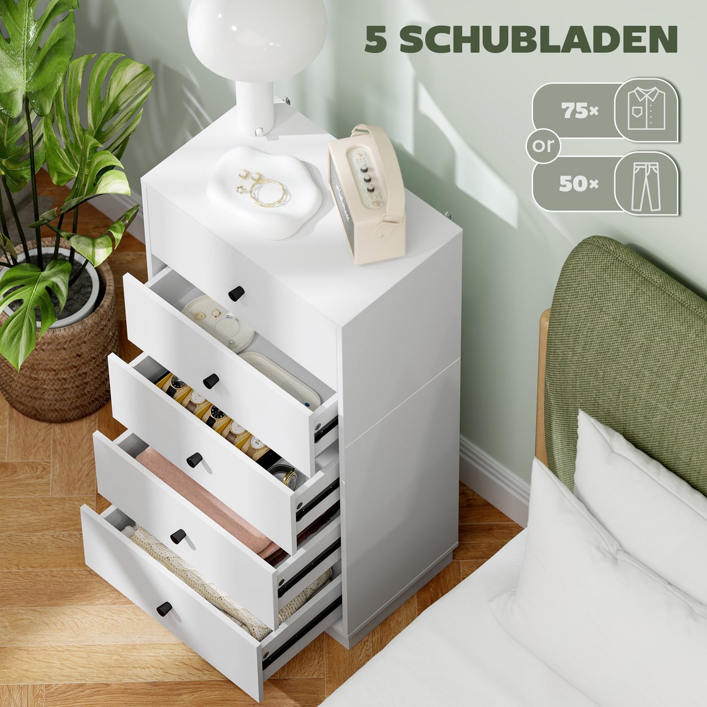 White wooden chest of drawers, storage cabinet with 5 drawers