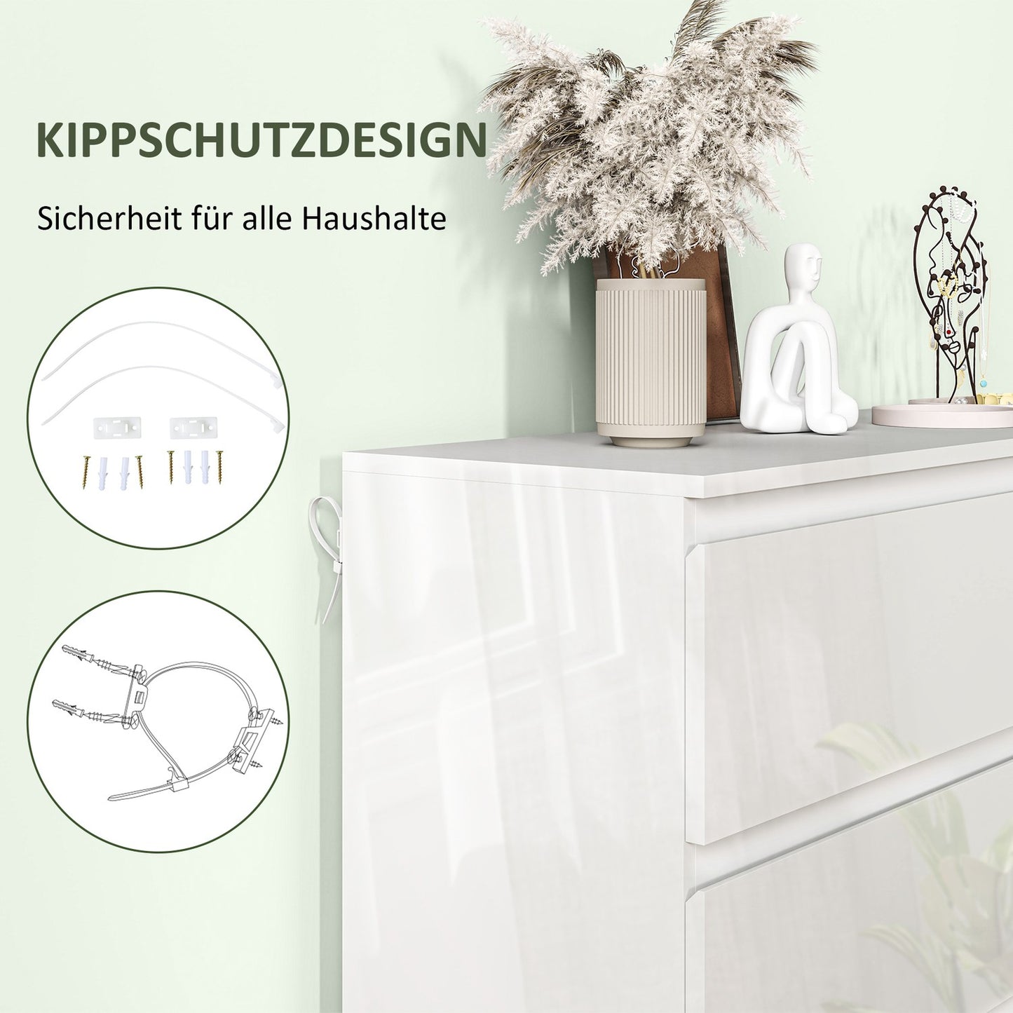 White dresser with 5 anti-tip tabs, 55x34x100 cm