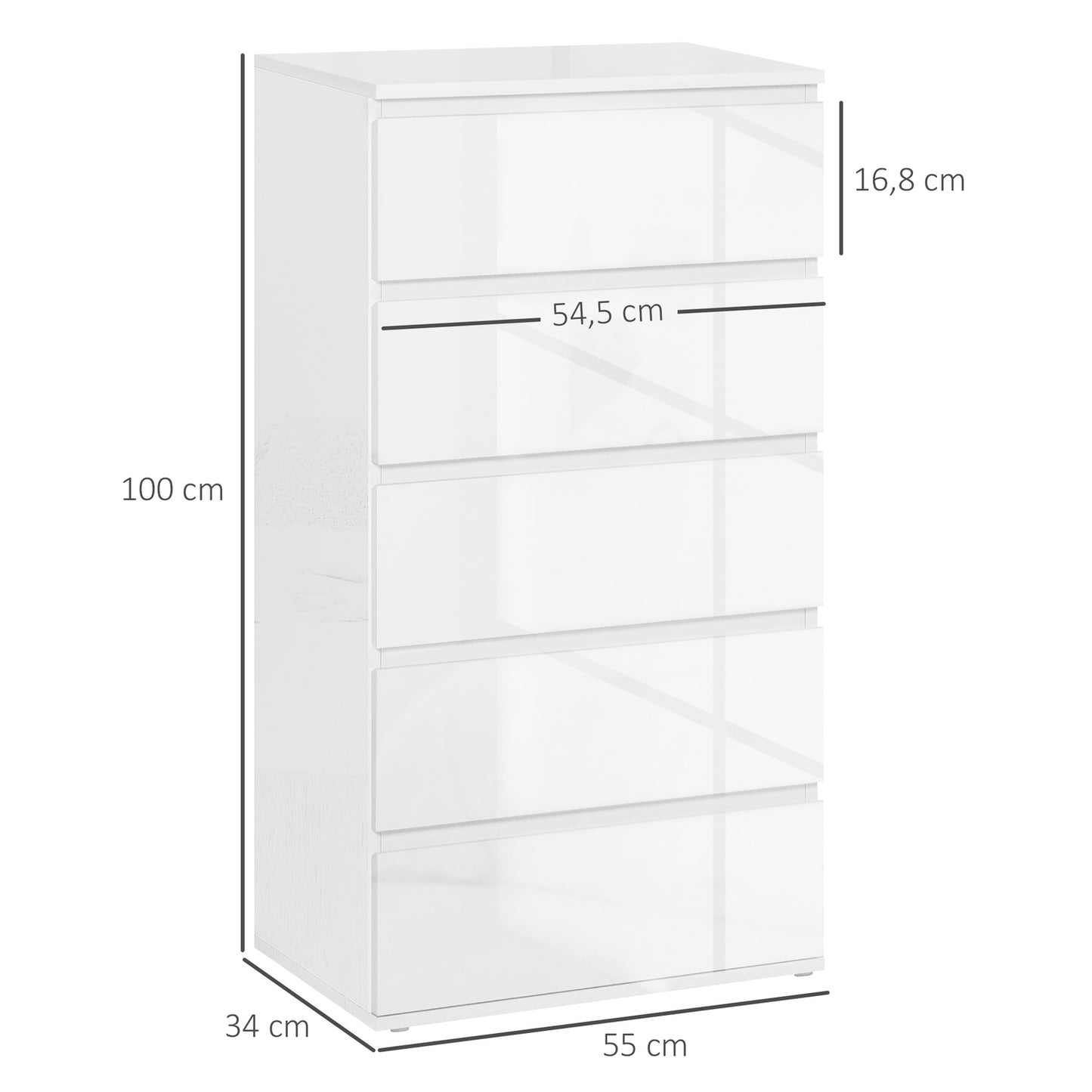 White dresser with 5 anti-tip tabs, 55x34x100 cm