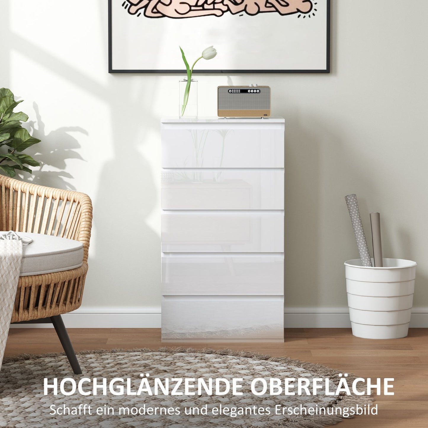 White dresser with 5 anti-tip tabs, 55x34x100 cm