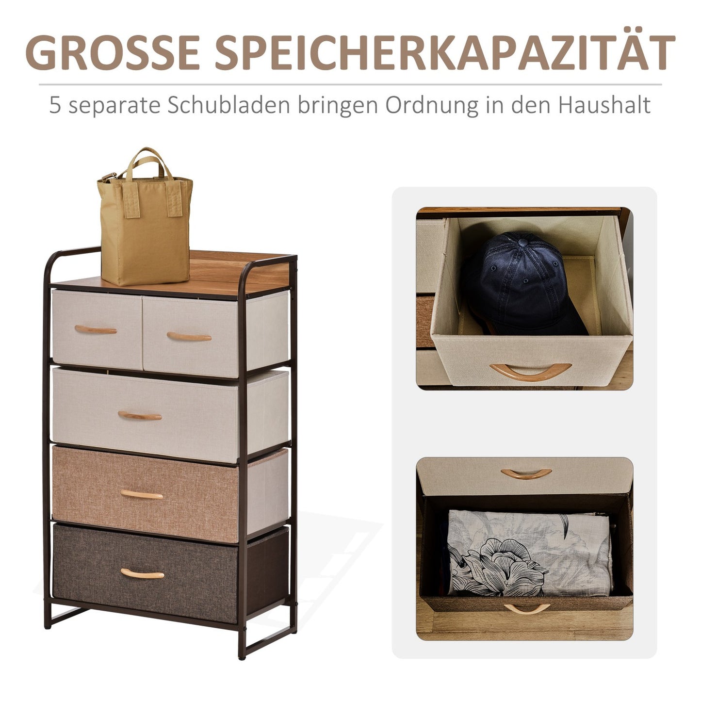 Brown storage cabinet with 5 foldable fabric drawers