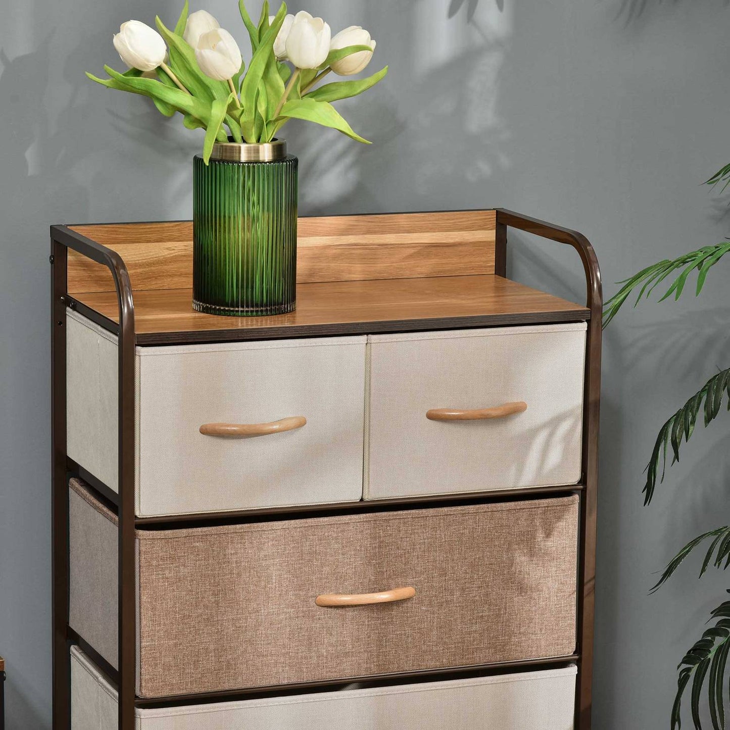 Brown storage cabinet with 5 foldable fabric drawers