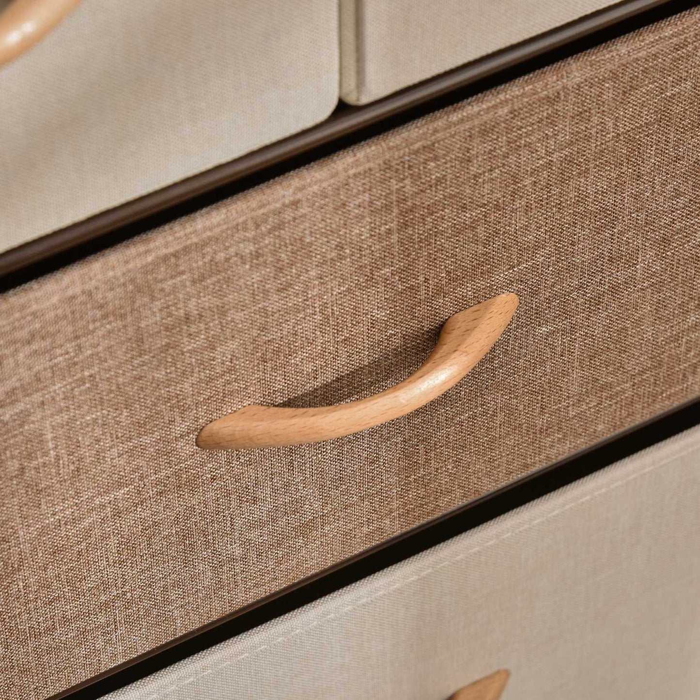 Brown storage cabinet with 5 foldable fabric drawers