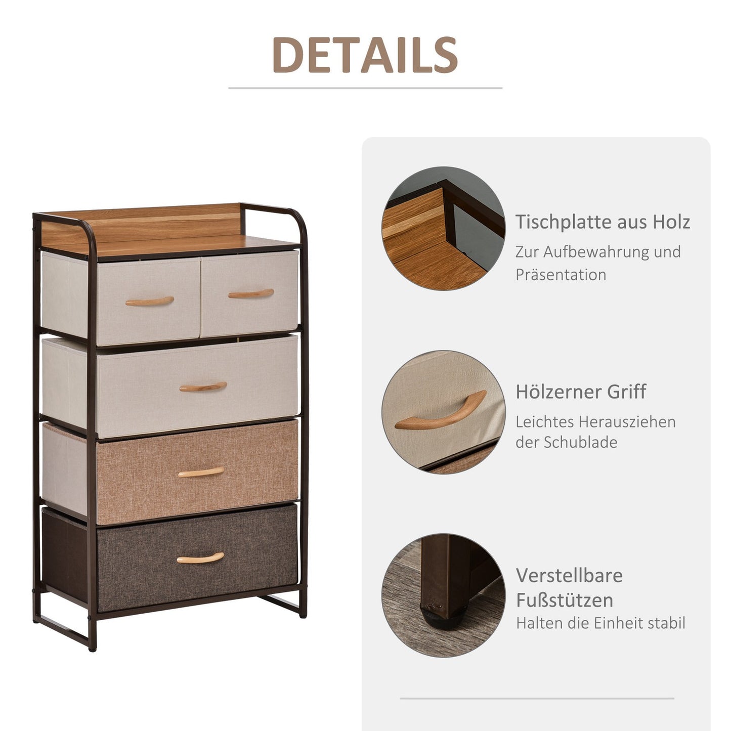 Brown storage cabinet with 5 foldable fabric drawers