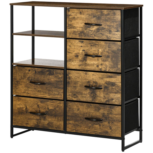 Industrial sideboard with 6 fabric drawers & 2 shelves, rustic brown