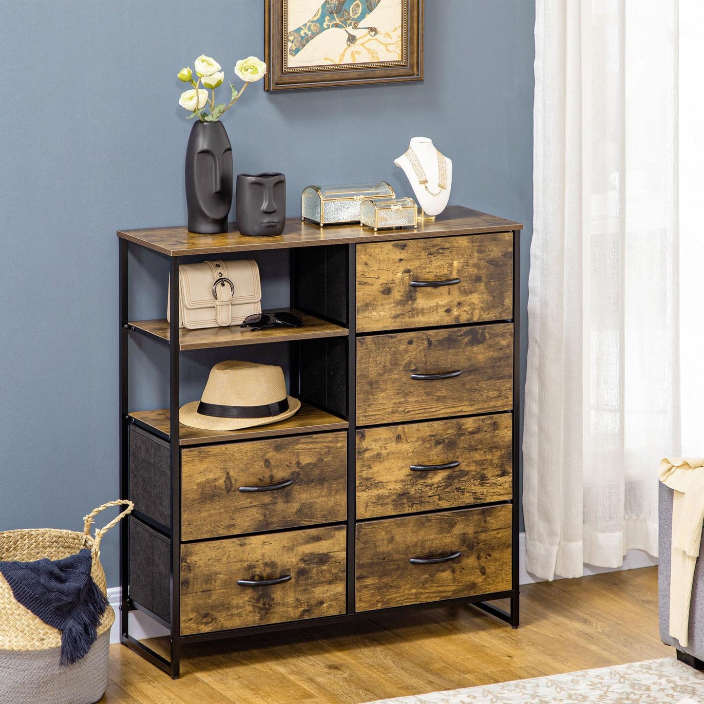 Industrial sideboard with 6 fabric drawers & 2 shelves, rustic brown